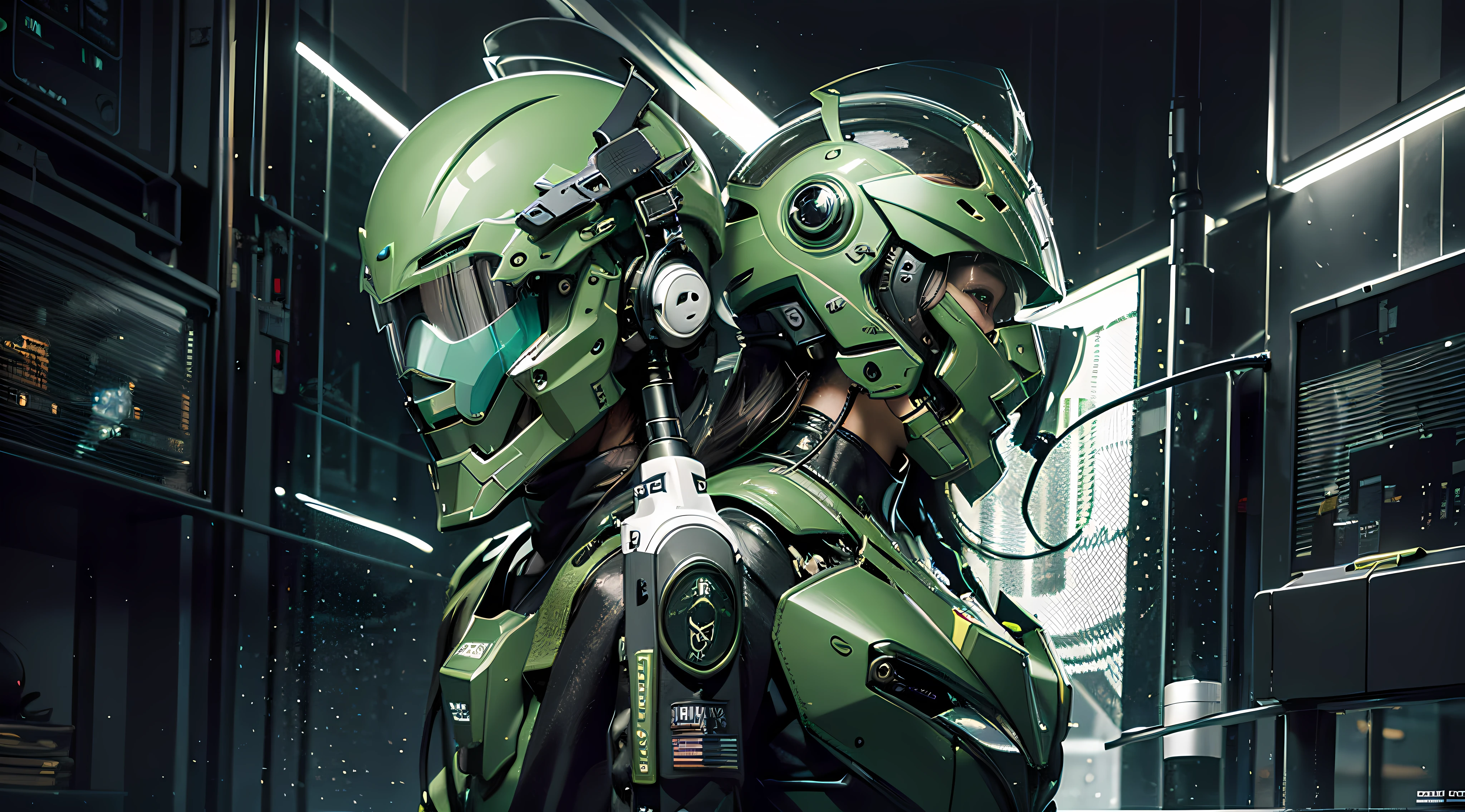 Highest image quality, outstanding details, ultra-high resolution, (realism: 1.4), the best illustration, favor details, highly condensed 1girl, with a delicate and beautiful face, dressed in a black and green mecha, wearing a mecha helmet, holding a directional controller, riding on a motorcycle, the background is a high-tech lighting scene of the future city.