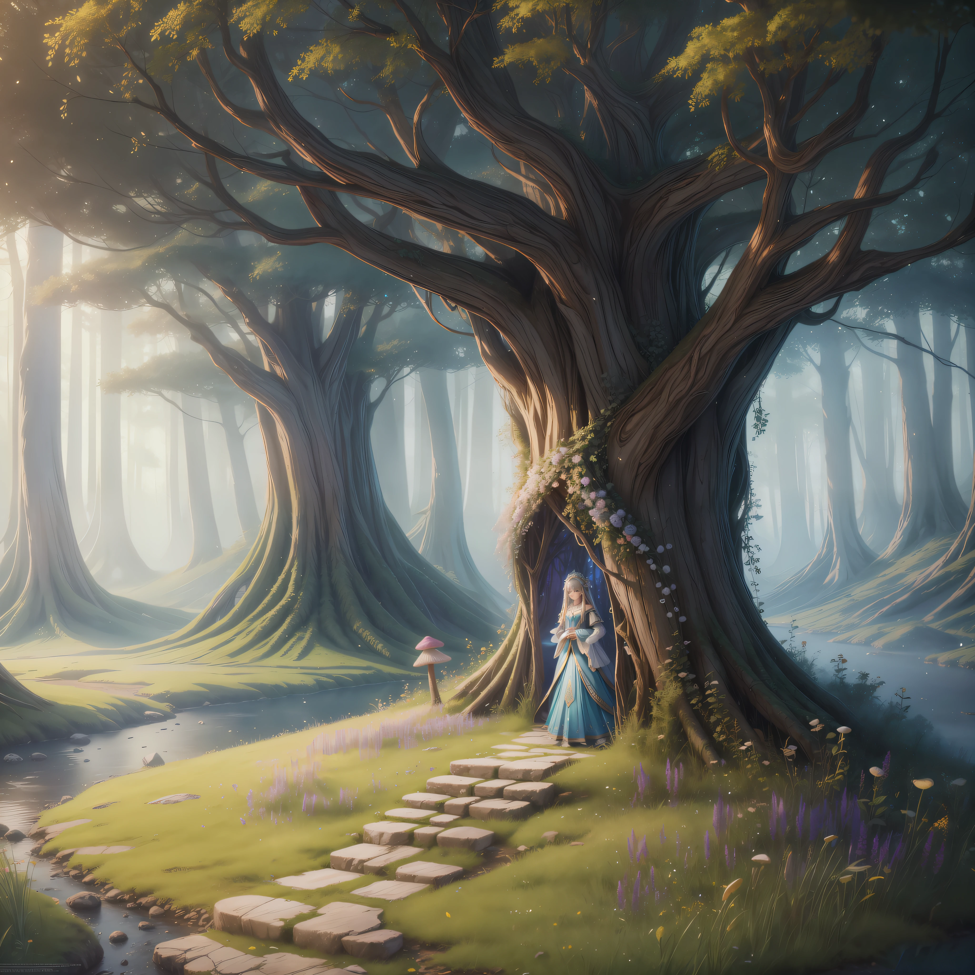 there is a woman standing under a tree in the woods, fairytale forest, magical fantasy forest, enchanted magical fantasy forest, beautiful render of a fairytale, in a magical forest, fantasy forest, peaceful elven forest, fairytale artwork, enchanted and magic forest, a fantasy forest, elf forest background, in the magical forest, fairy forest, in a whimsical fairytale forest