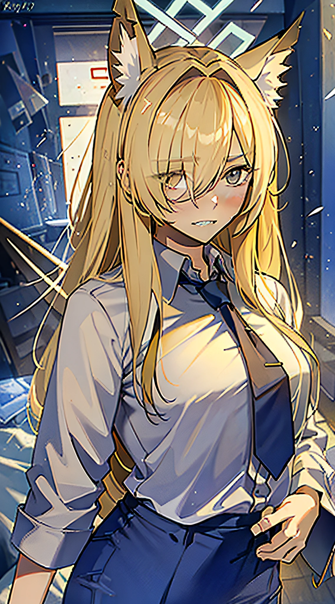 (Masterpiece, top quality: 1), 1 girl, solo, tail blade kanna, long-haired, fox ears, blush, white collar shirt, tie, slacks, halo, hair above one eye, animal ear fluff, blond hair, sharp teeth, look at the viewer, chest, smile