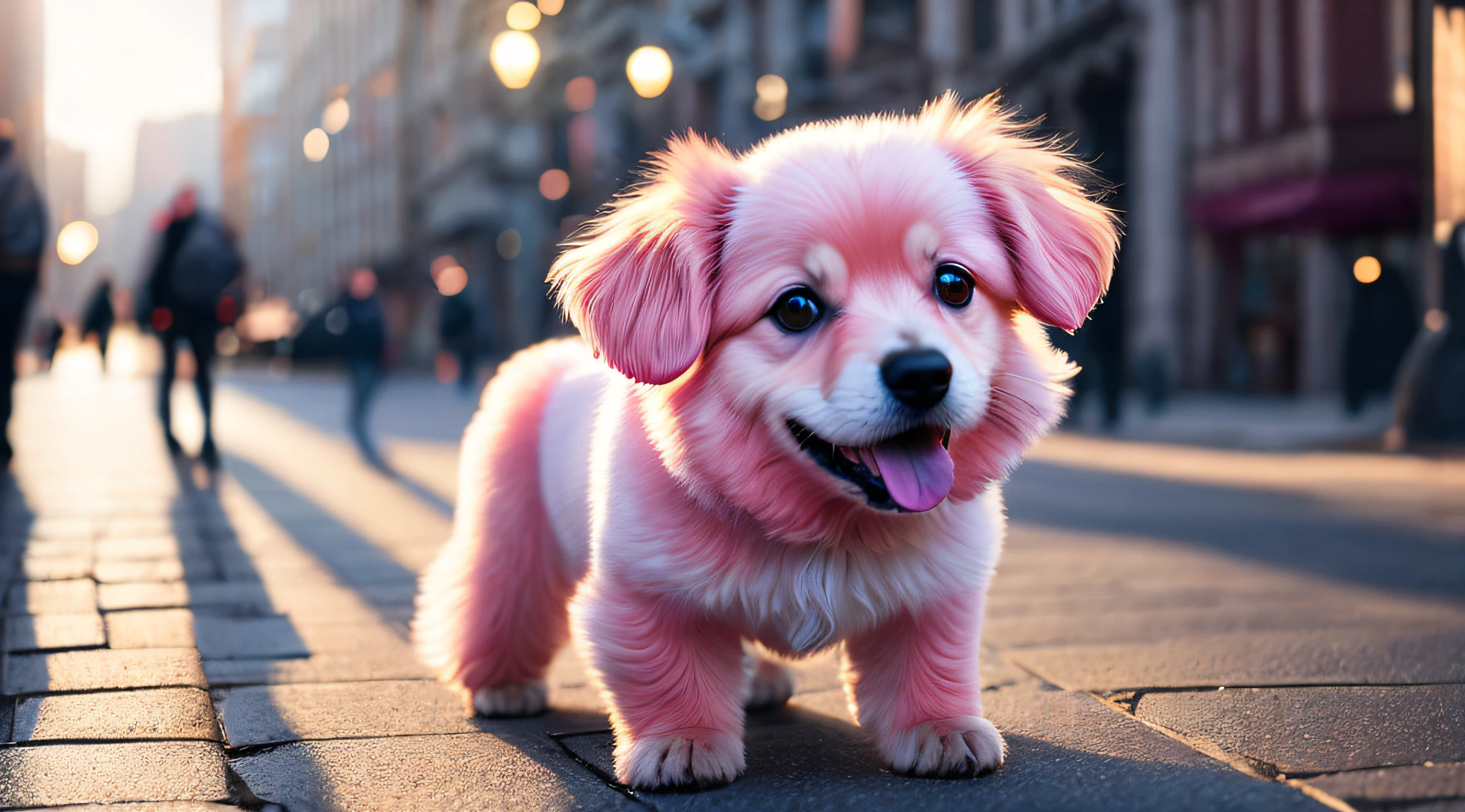 Close-up photo of a very cute pink dog on a city street, pink, soft volumetric lighting, (backlight: 1.3), (video: 1.2), intricate details, (ArtStation: 1.3), Rutkowski, smile,