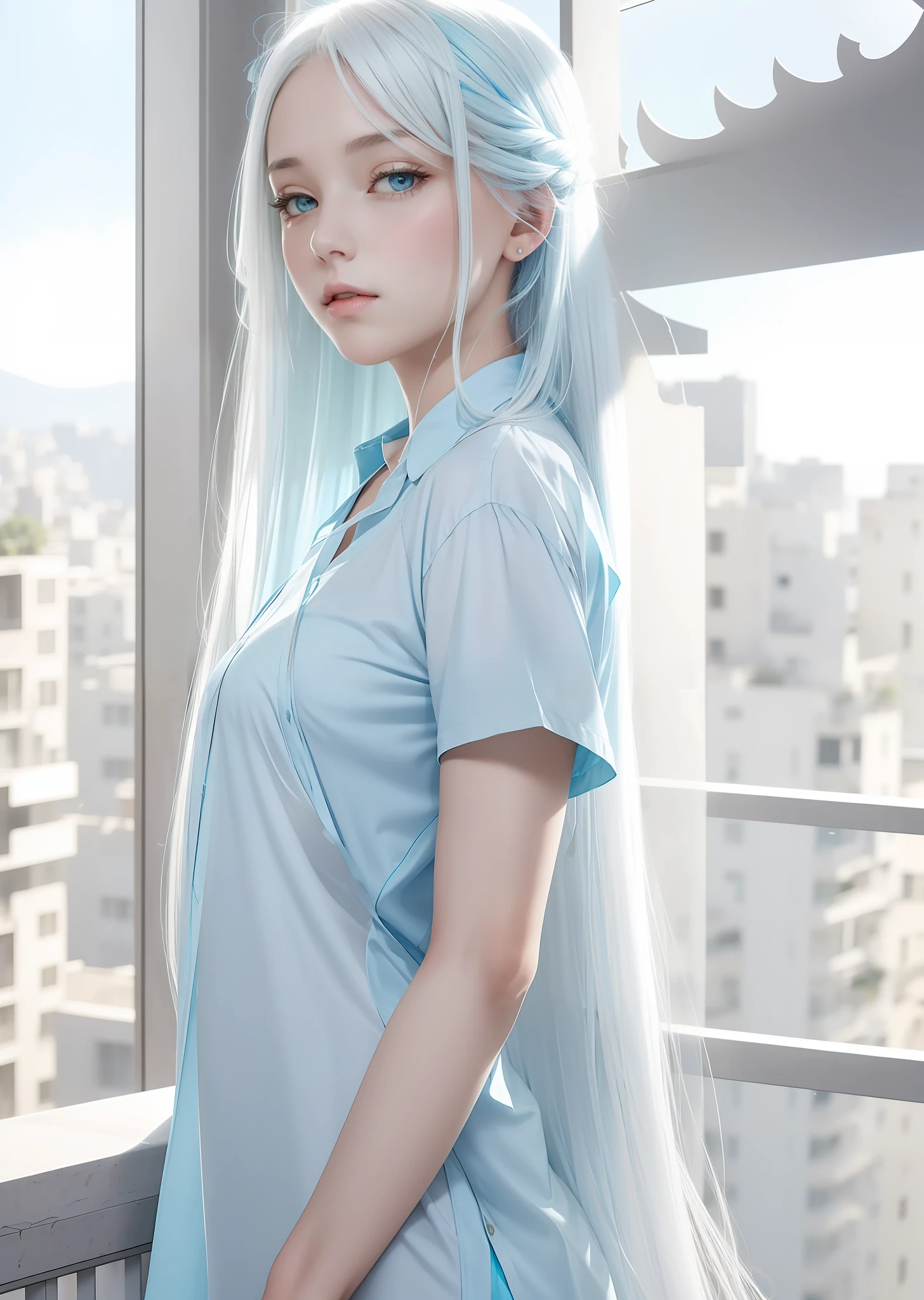 A beautiful girl, long white hair, (long blue shirt:1.2), bare legs, shattered glass background, balcony