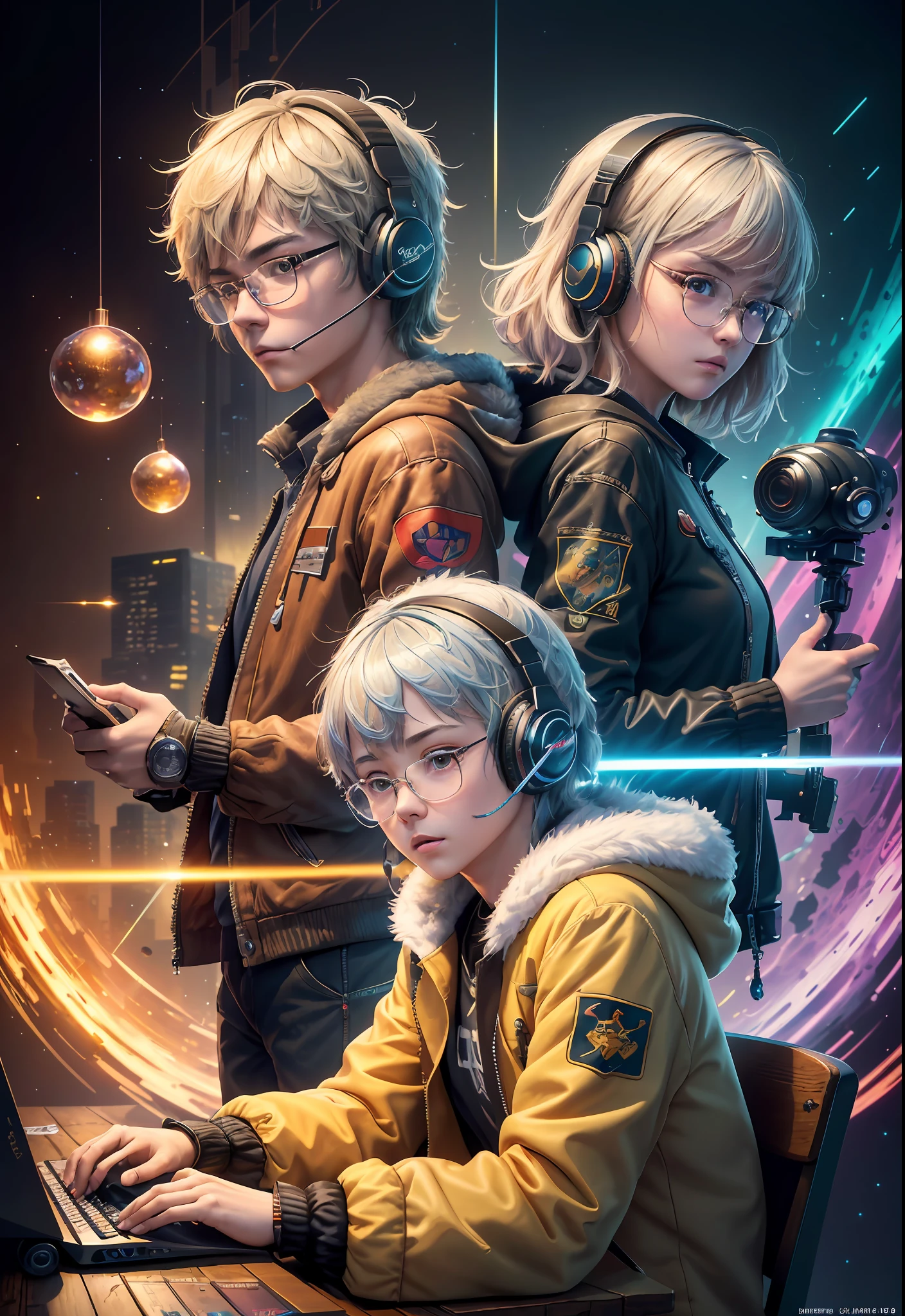 Masterpiece, Best Illustration, Solo, Multiplayer, Handsome Glasses-kun, White-haired Boy, Blonde Girl, Seated, Keyboard \ (Computer \), Fur Decoration, Computer, Monitor, Hood, Jacket, Hood Down (Chair, Headphones, City, Instrument, Cyberpunk, Wooden Toys,\(\(Intricate Details\)\), Color Details, Rainbow Color BREAK, \(\(Best Quality of Masterpiece\)\), 4K, Ultra Detail, Detailed Lighting, \((Inspired by Hayao Miyazaki)\), Official Art, Propaganda art, composition, a giant mirror ball floating in space, twinkling lights, sad lost, particles in the air, intricate fractals, detailed, (illustration), masterpiece, high resolution, best quality. Illuminate people, colorful, master composition, focus on key figures, realism, masterpiece, award-winning, best quality, masterpiece, ultra-detailed, 8K, extremely detailed CG Unity 8k wallpaper, complex, highly detailed, realistic