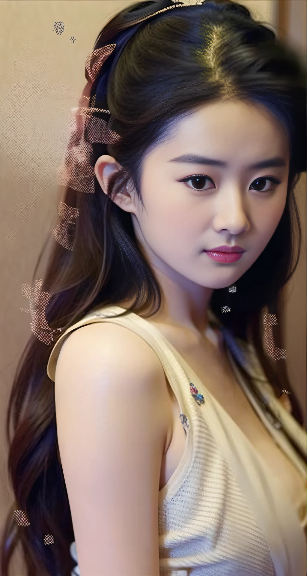 1girl, masterpiece, great work, Liu Yifei, a girl, focusing on the chest, delicate facial features, big breasts,