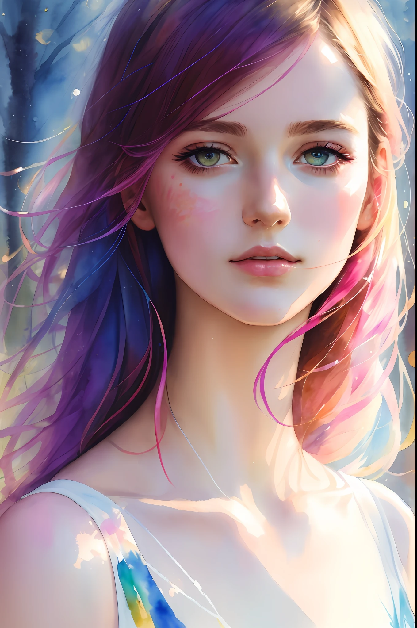 (8k, best quality, masterpiece:1.2),(best quality:1.0), (ultra highres:1.0), watercolor, a beautiful woman, shoulder, hair ribbons, by agnes cecile, half body portrait, extremely luminous bright design, pastel Color, (Ink: 1.3), Autumn Lights