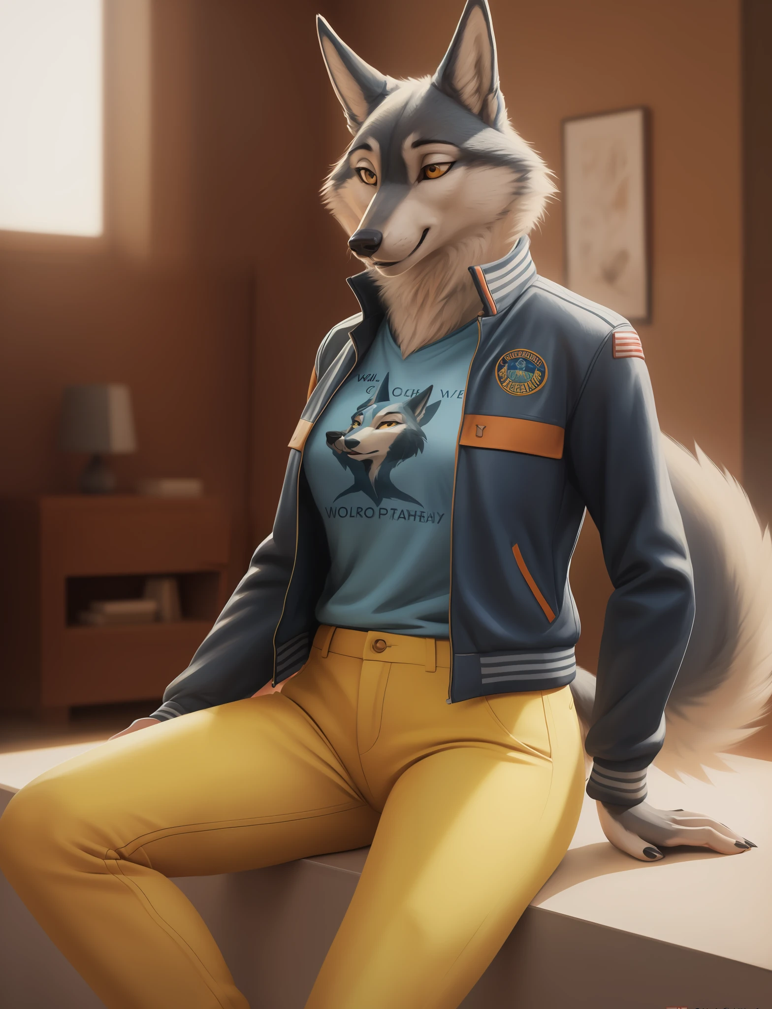 (porshacrystal, porsha, sing 2, wolf girl, wolf ears, wolf tail, racer jacket, blue t-shirt, yellow pants, orange purse:1.2), (by ratte and nuzzo and kenket:0.7), realistic fur, real, detailed, (detailed fur, furry, furry body:1.2), furry, anthro, best quality, professional photo, photorealism, high quality, volumetric, ray tracing, HDR, 4K, 8k, absurd res, realistic, max shading, ((masterpiece)), (sitting in a room:1.2),