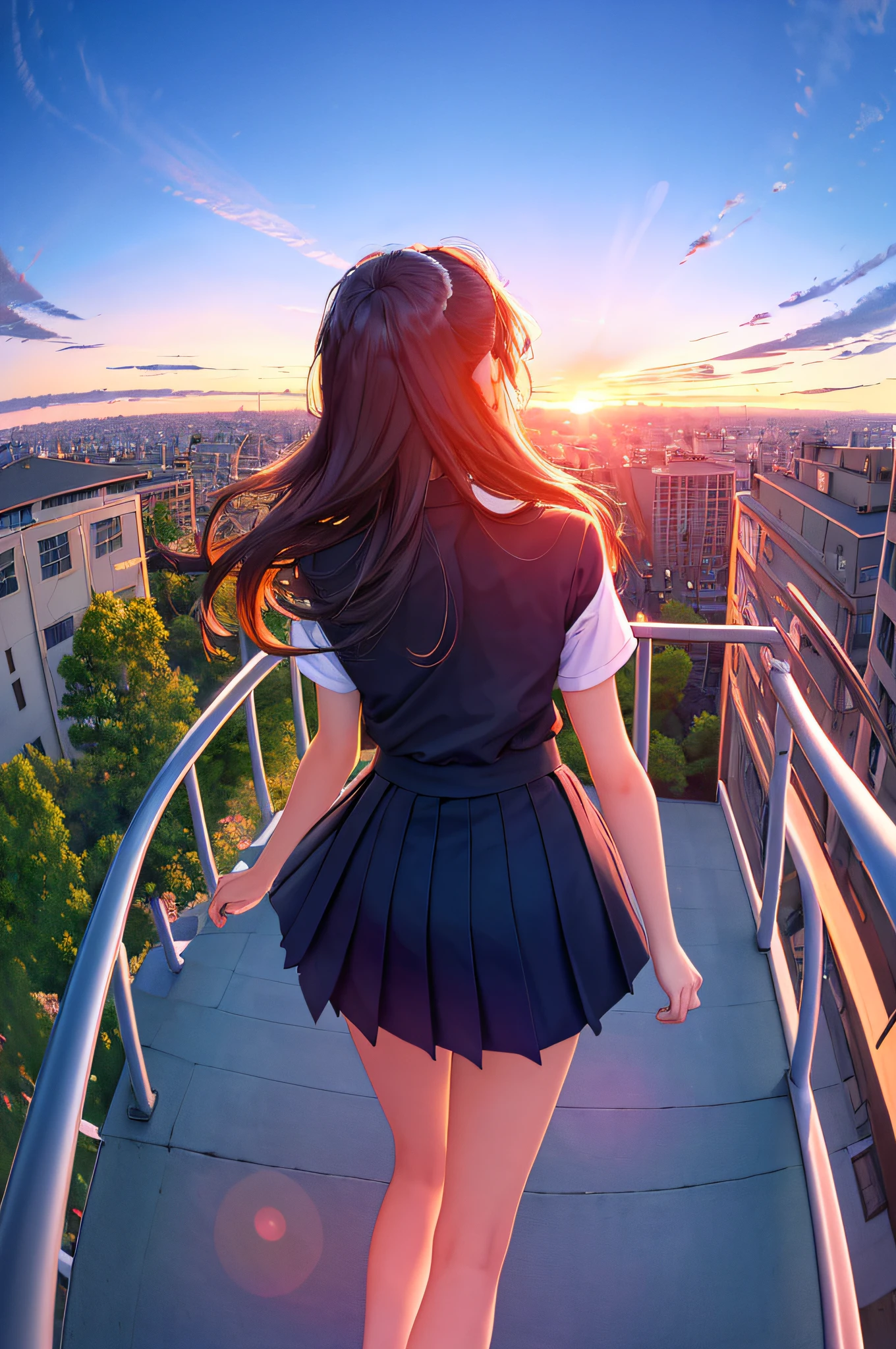 ((Masterpiece, Best Quality, Ultra Detail, Ultra High Resolution, Detailed Background)), (Fisheye Lens), School, Sunset, On the Roof, Guardrail, Look Down, 1 Girl, Look Back, Back