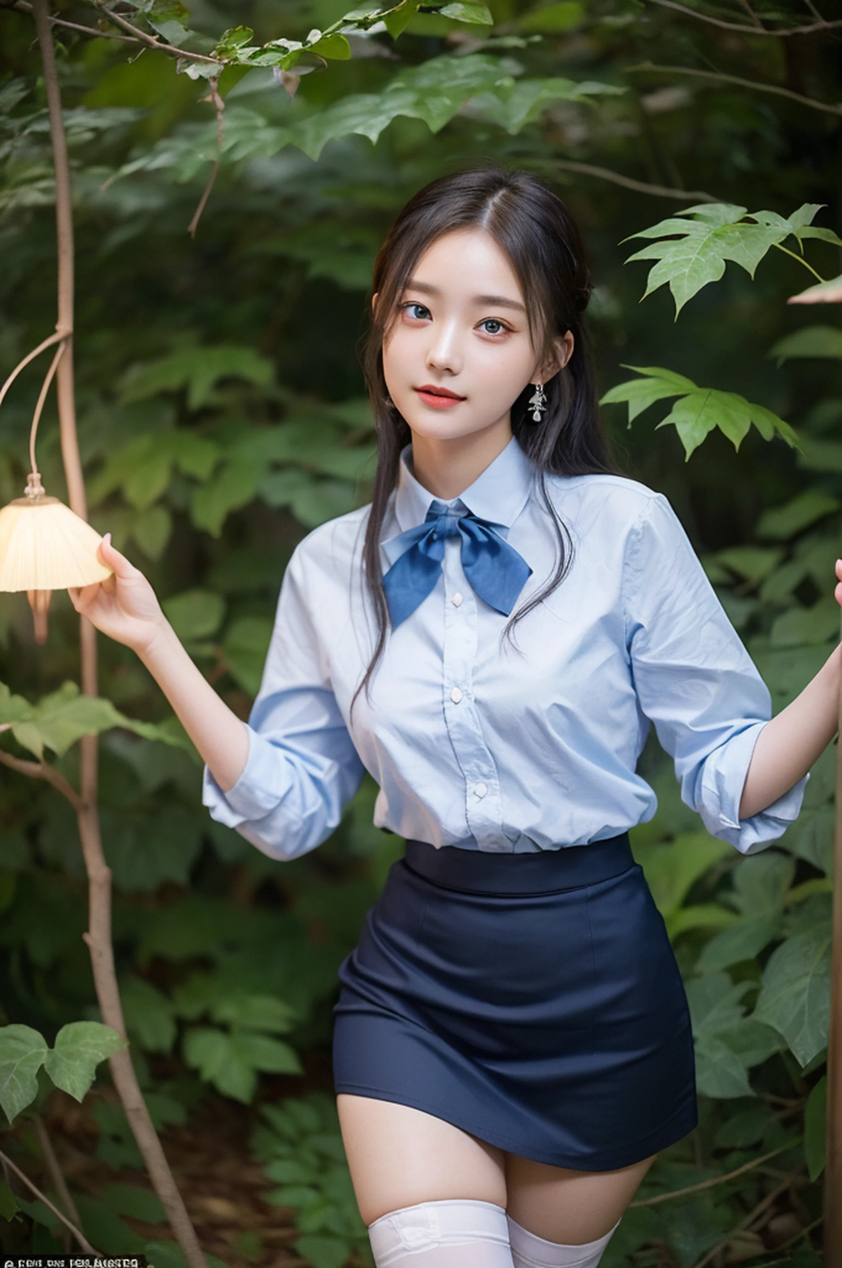A cute girl, 20 years old, light blue eyes, black hair, long bohemian hairstyle, wearing (sky blue) short skirt skirt skirt and shirt, in a dark, mysterious forest, twisted branches and creeping vines, front picture, earrings, bow tie, noon, cinematic lighting, ((masterpiece)), (best quality), (high resolution), original, extremely detailed 8K, (realism: 1.4), flawless face, perfect eyes, symmetrica body type, (full body), smile, White stockings