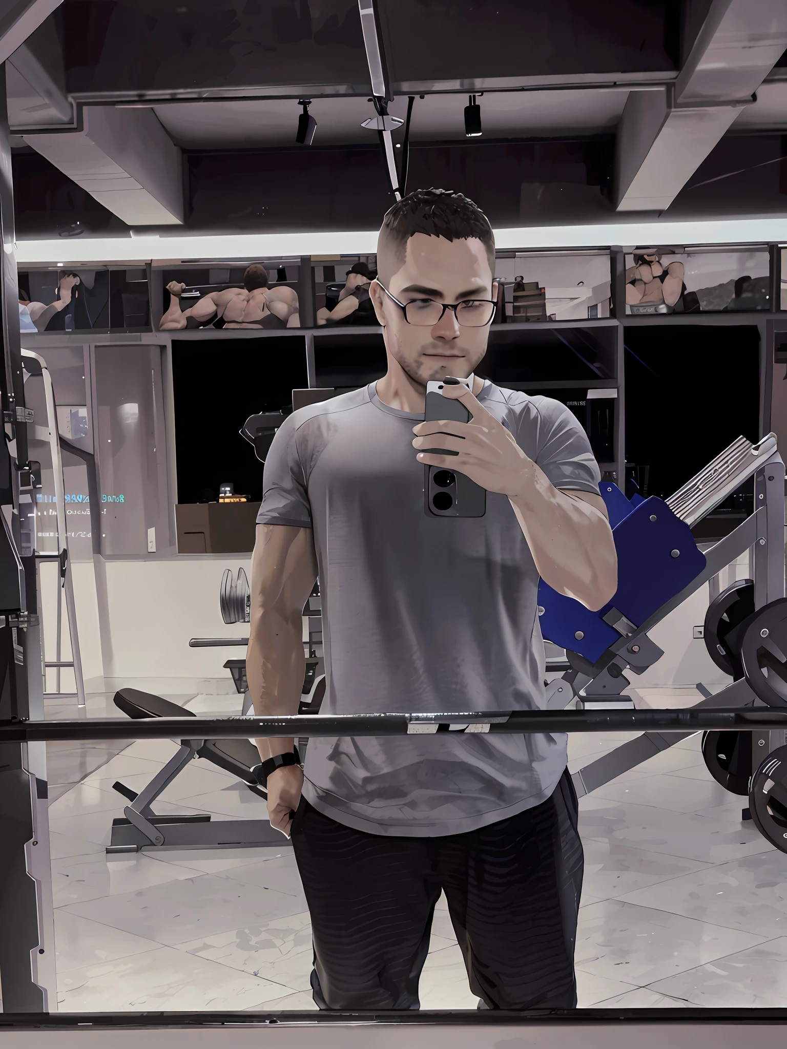 There is a man who is taking a picture of himself in the mirror, in the gym, exercising, standing in front of the mirror and seeing shoulders, half cropped body, very accurate photos, workouts, half body composition, mirror selfies, epic realistic, strong muscular men --auto --s2