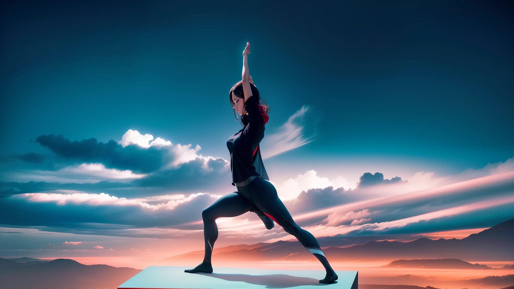 (Elegant red yoga wear + tights with modern feeling: 0.9),(Lines look beautiful,Beautiful face:1.2),(Light shadow refinement, realism, scene contrast dynamic, rich natural background + beauty and change + mysterious atmosphere: 1.5) --auto --s2