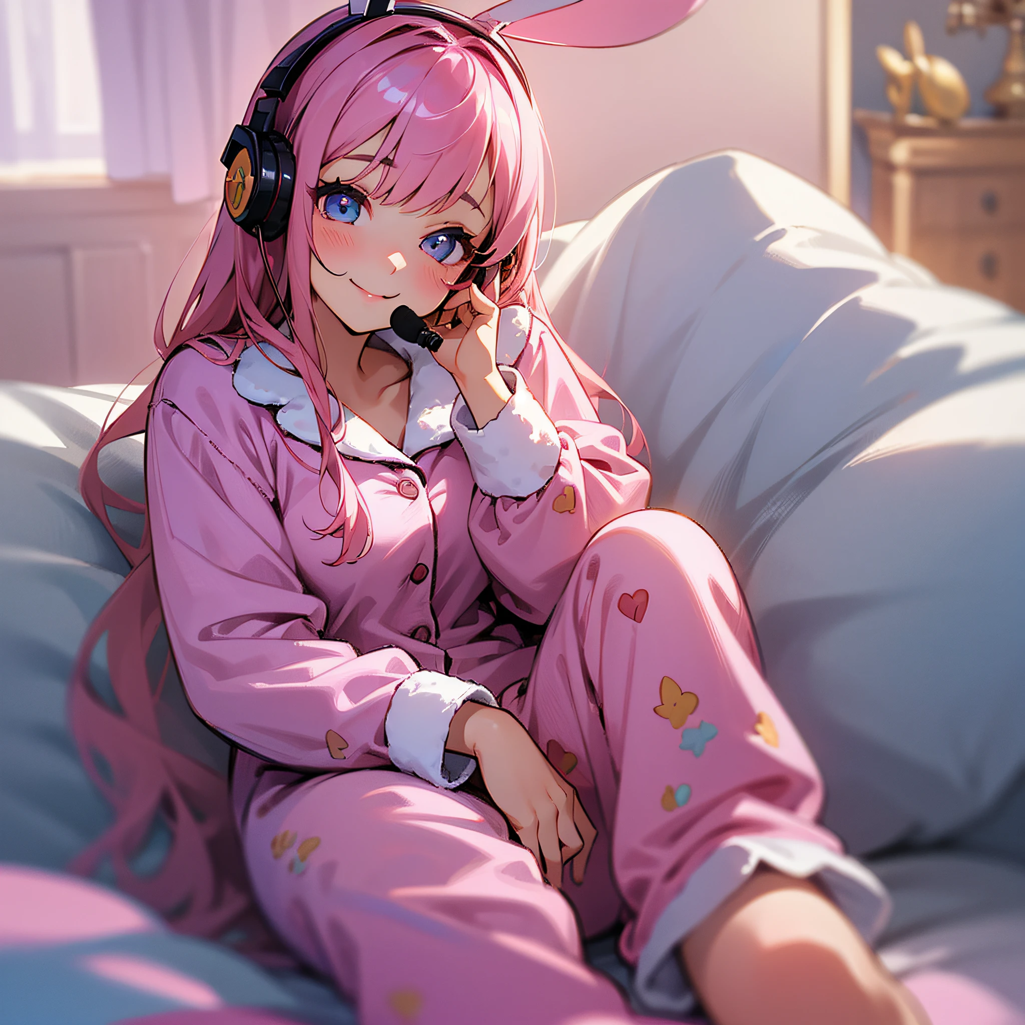 A super cute image captures a girl sitting on her bed, wearing plush pajamas. Her eyes sparkle with joy as she wears a large pink headset shaped like rabbit ears. Every detail is portrayed with realism, from the soft textures of the pajamas to the delicate details of the headset. The scene is like a cozy dream --auto --s2