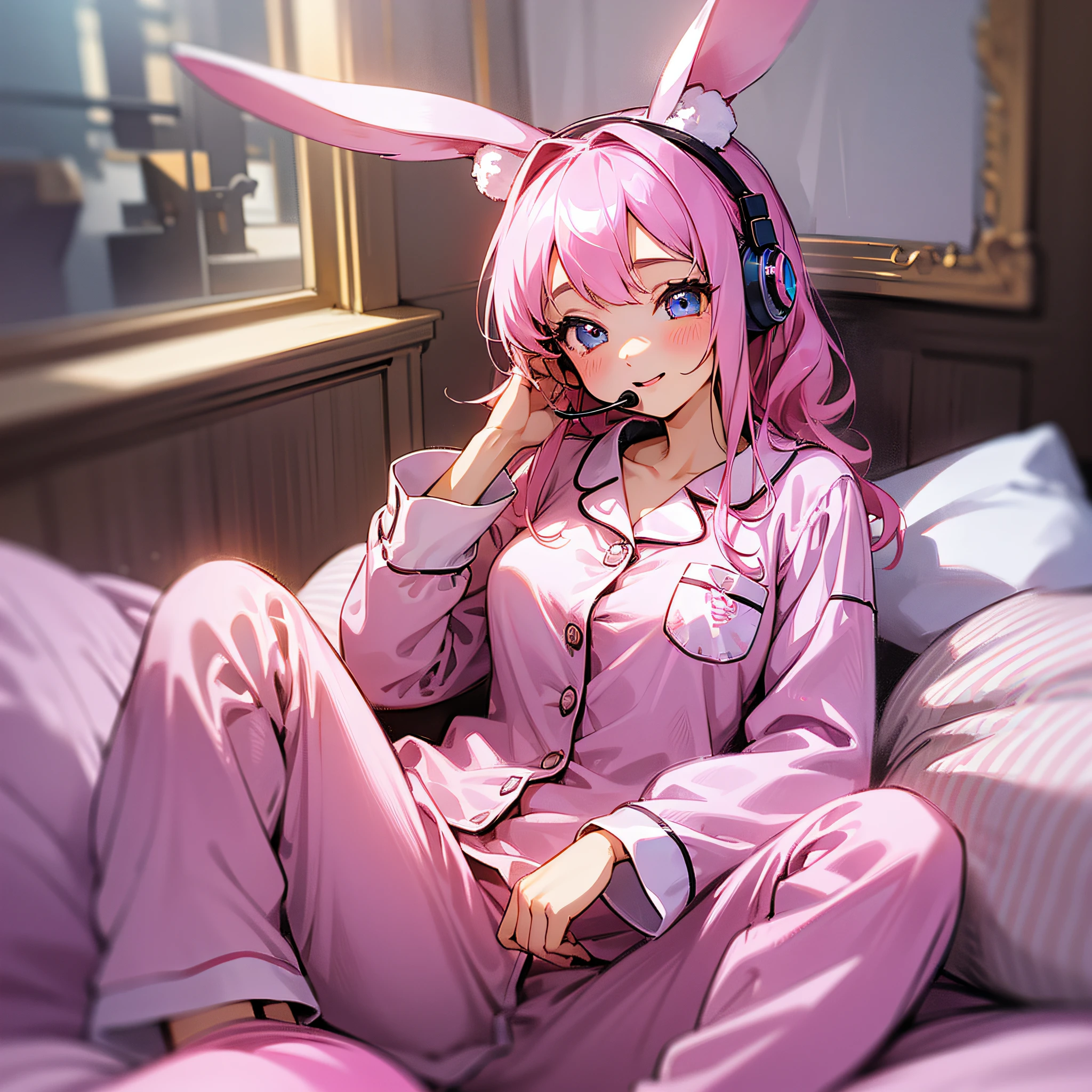 A super cute image captures a girl sitting on her bed, wearing plush pajamas. Her eyes sparkle with joy as she wears a large pink headset shaped like rabbit ears. Every detail is portrayed with realism, from the soft textures of the pajamas to the delicate details of the headset. The scene is like a cozy dream --auto --s2