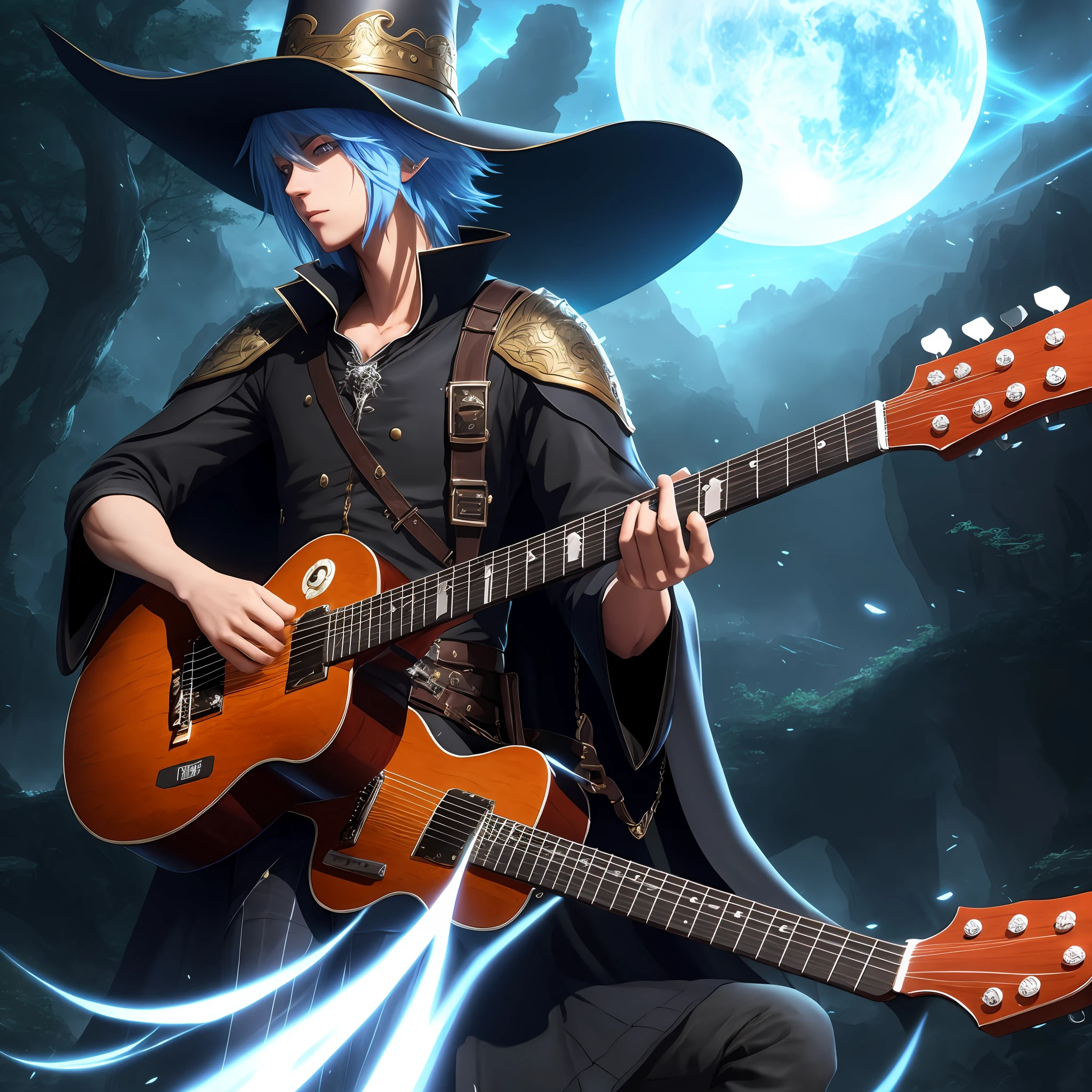 anime character with a hat and cape, holding a guitar, playing a guitar, epic fantasy digital art style, fantasy wizard, 2. 5 D CGI Anime Fantasy Art, 4K Highly Detailed Digital Art, Epic Fantasy Art Style, Epic Fantasy Art Style HD, Fantasy Art Style, 4K Detailed Digital Art, 8K High Quality Detailed Art, Portrait of a Magician Playing Guitar, Fantasy Art Behance