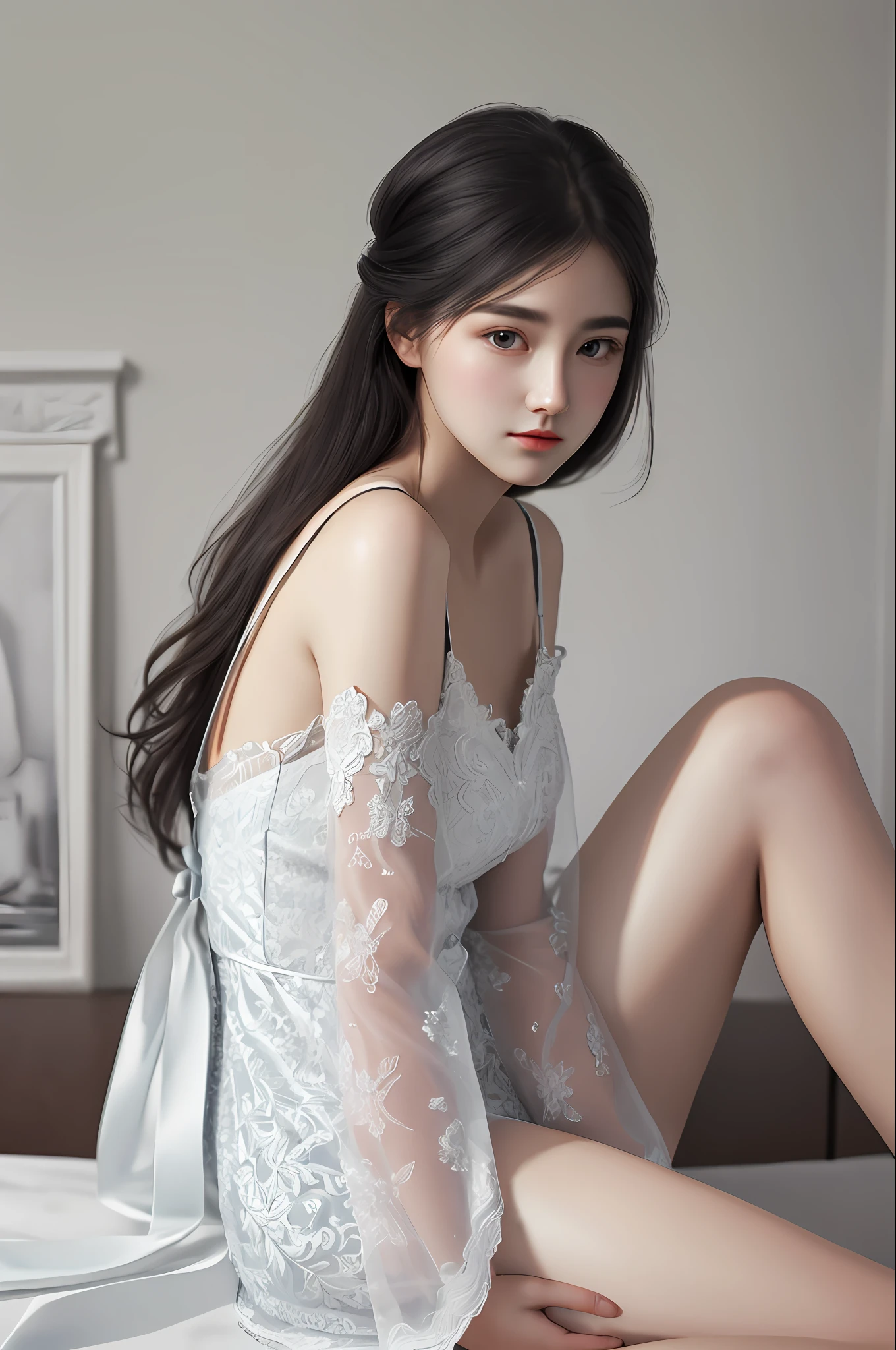 Very detailed eyes, very detailed face, very beautiful woman, best quality, super detailed (photorealistic), very delicate and beautiful legs, beautiful black eyes, absurdity, very detailed expression, professional illustration, shy, late teens or so, sitting