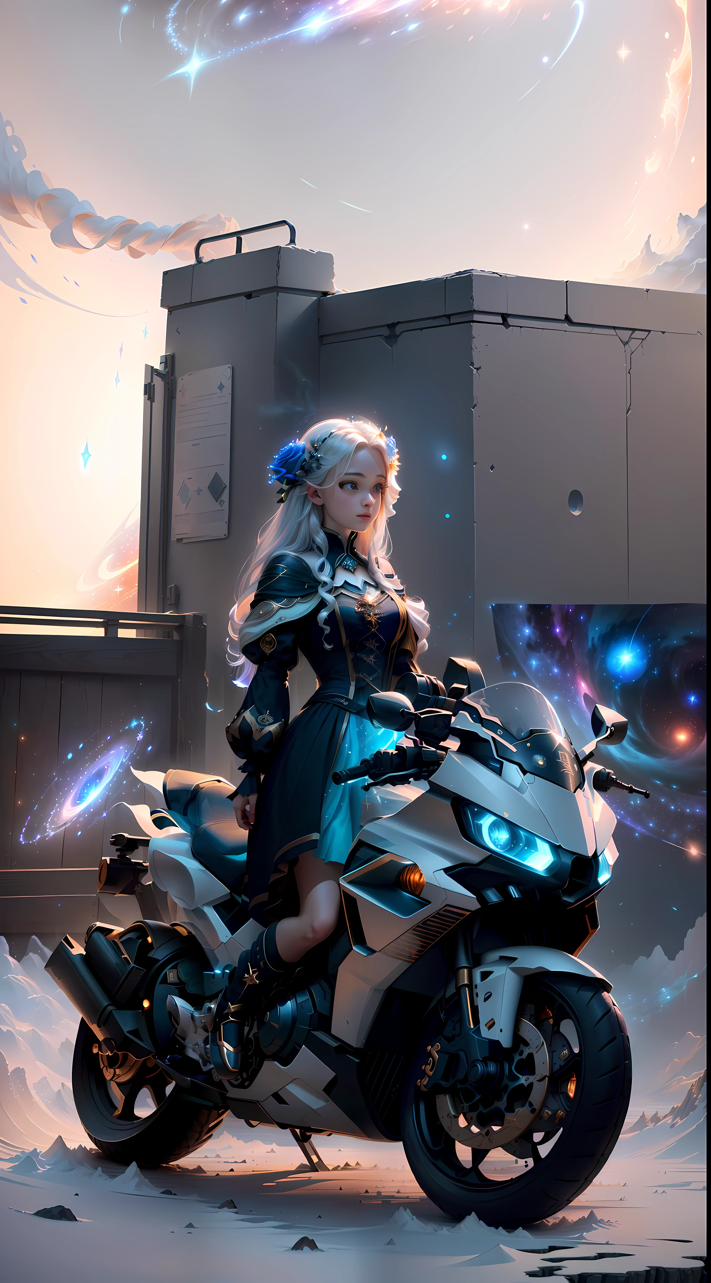 Masterpiece, best quality, (very detailed CG unity 8k wallpaper), (best quality), (best illustration), (best shadows), cosmic theme with natural elements. Circle, surrounded by planetary orbits and turbulence, with fireflies and glowing particle effects, (natural elements), (cosmic theme), (stars), (milky way), (stars), void, (delicate celestial bodies), (luminous), (particle effects). , isometric 3D, Octane rendering, ray tracing, super detailed (extremely detailed CG Unity 8k wallpaper, masterpiece, high quality, super detailed), 1girl (charming girl, lavish decoration, gorgeous, and charming red rose), (dynamic view, dazzling eyes, long silver hair: 1.3, fine collection,) surrounded by arcane runes, (magic and mysterious background, firefly lights, glowing particles, ethereal fog and darkness), high saturation