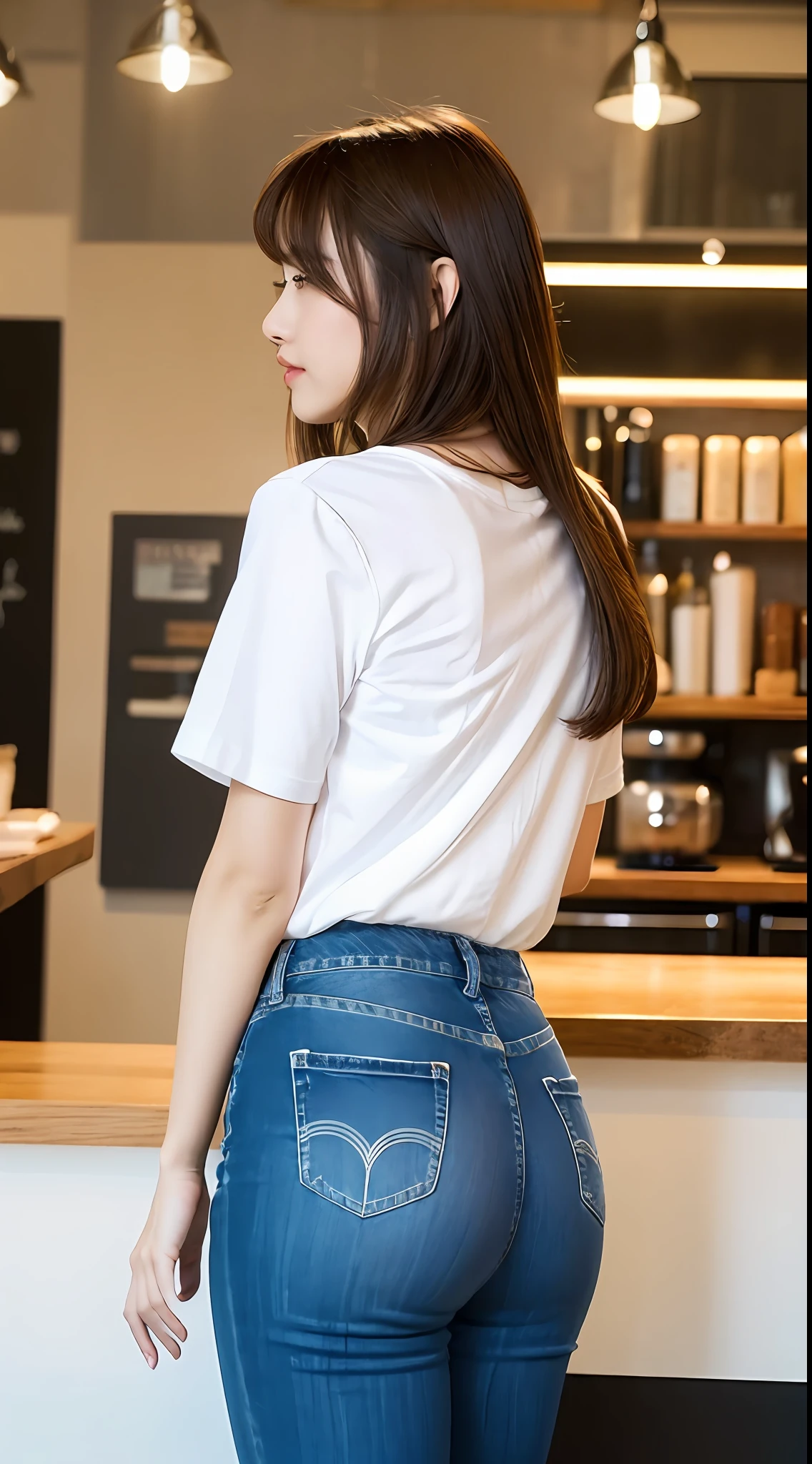 (Top Quality, 8k, 32k, Masterpiece, UHD: 1.2), Cute Japan Woman Pictures, 1 Girl, Profile (Big), (Tall Women), (Abs, Slim Figure: 1.2), (Lips), (Medium Short Dark Brown Hair), Big Size White Tee Shirt, Big ???? Protruding, Tight Jeans, Big Upturned ????????, Cafe Counter, Order coffee,