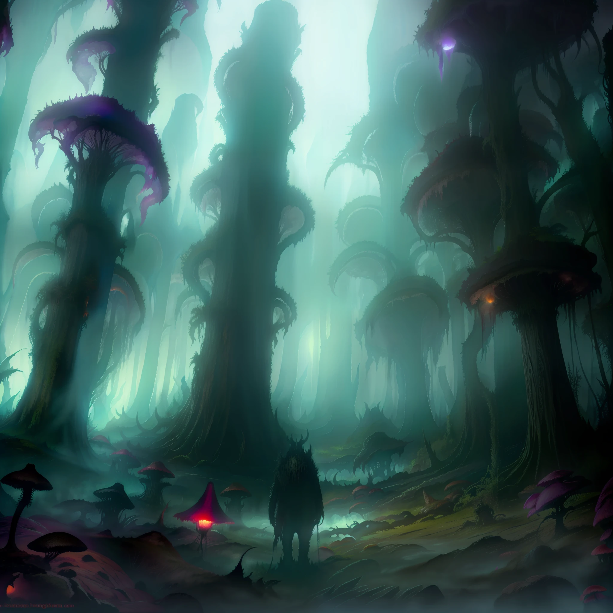 Forest of Fear, dark fantasy, nature, animals, strange beasts, sinister, bizarre flora, fungi, obscured light, fog