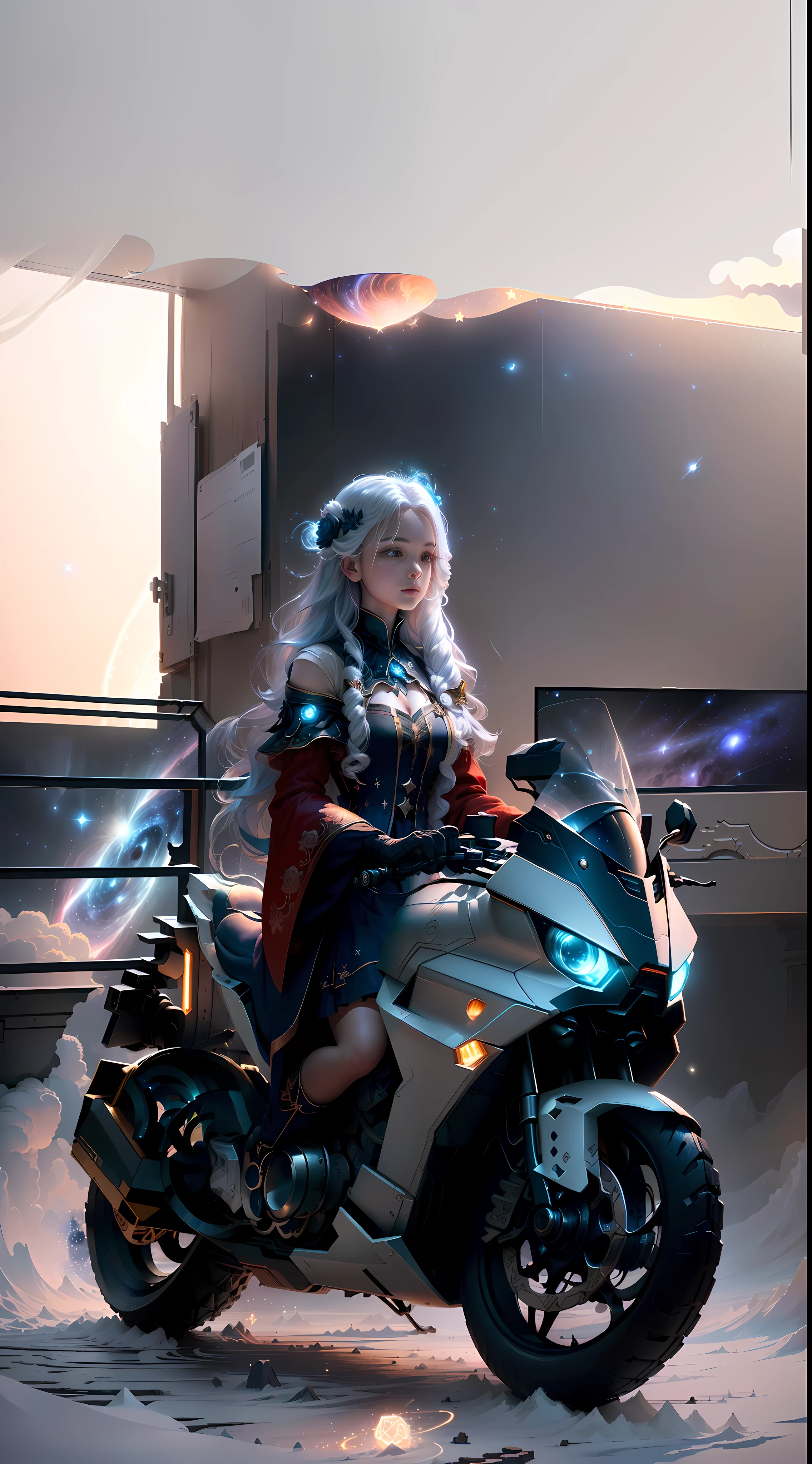 Masterpiece, best quality, (very detailed CG unity 8k wallpaper), (best quality), (best illustration), (best shadows), cosmic theme with natural elements. Circle, surrounded by planetary orbits and turbulence, with fireflies and glowing particle effects, (natural elements), (cosmic theme), (stars), (milky way), (stars), void, (delicate celestial bodies), (luminous), (particle effects). , isometric 3D, Octane rendering, ray tracing, super detailed (extremely detailed CG Unity 8k wallpaper, masterpiece, high quality, super detailed), 1girl (charming girl, lavish decoration, gorgeous, and charming red rose), (dynamic view, dazzling eyes, long silver hair: 1.3, fine collection,) surrounded by arcane runes, (magic and mysterious background, firefly lights, glowing particles, ethereal fog and darkness), high saturation