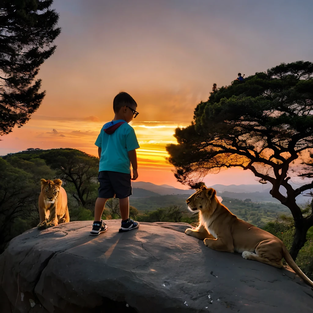 guttonerdvision5 (((a 3-year-old boy))) wearing glasses, detailed face,playing in the middle of a family of lions with the male lion, the female lioness and the cute cubs. Scene on top of a rock, with air of fun, realistic, ultra detailed, reddish sky of the sunset.