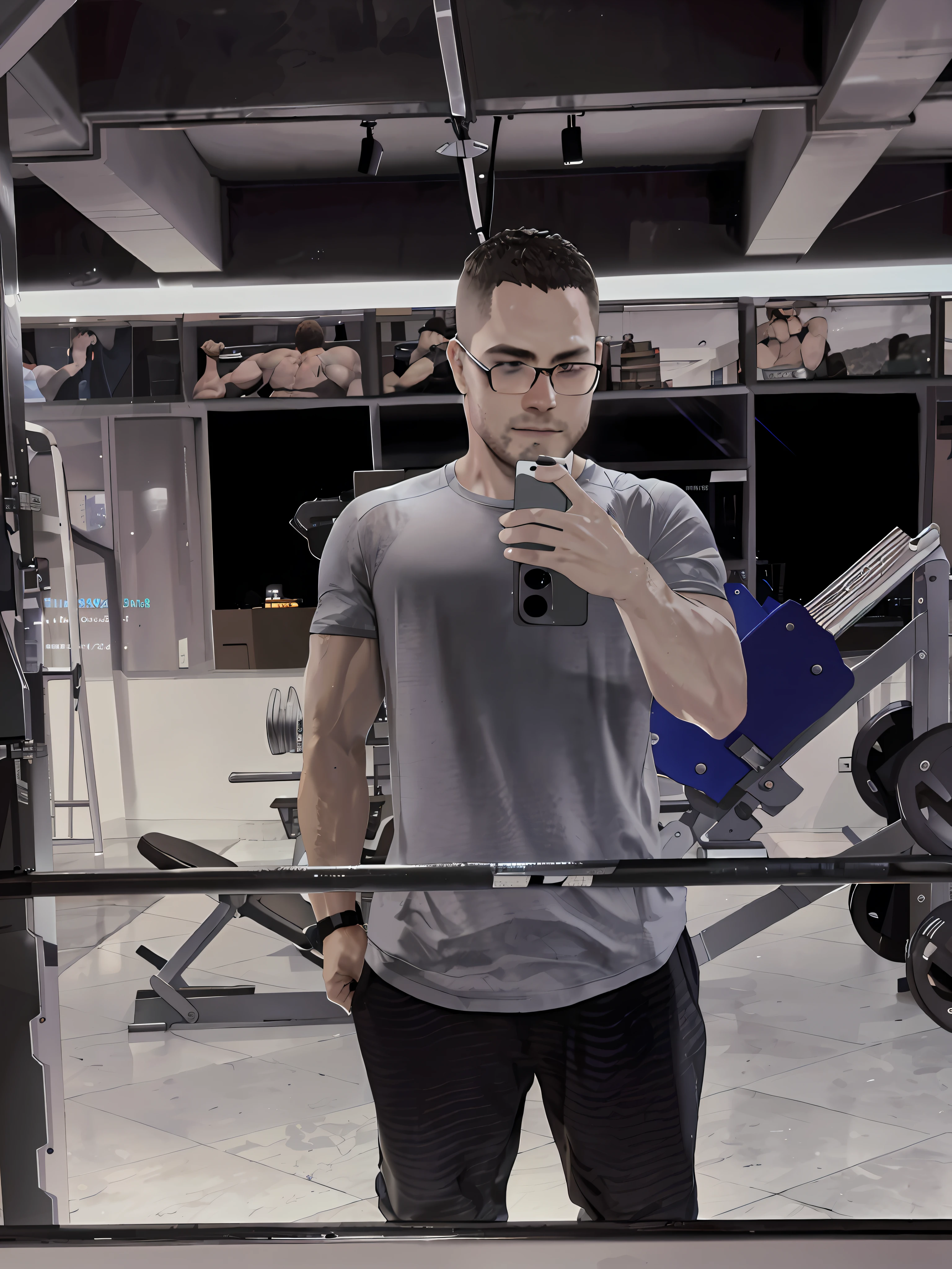 There is a man who is taking a picture of himself in the mirror, in the gym, exercising, standing in front of the mirror and seeing shoulders, half cropped body, very accurate photos, workouts, half body composition, mirror selfies, epic realistic, strong muscular men --auto --s2