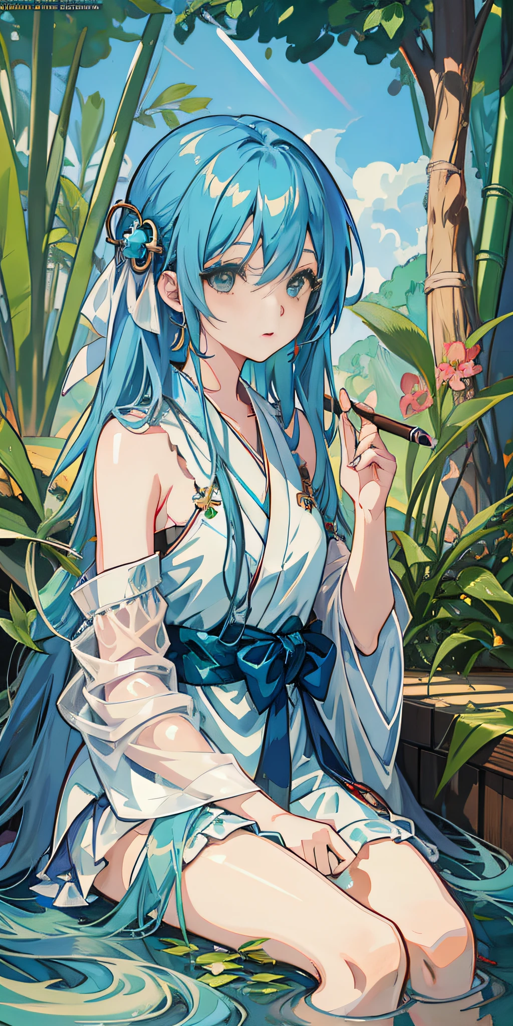 anime girl sitting in water with cigar and blue hair, mikudayo, anime goddess, pixiv daily ranking, anime girl with teal hair, anime illustration, anime style illustration, pixiv, pixiv contest winner, pixiv style, japanese goddess, in kimono, alphonse mucha and rossdraws, official artwork, anime style artwork, hatsune miku portrait