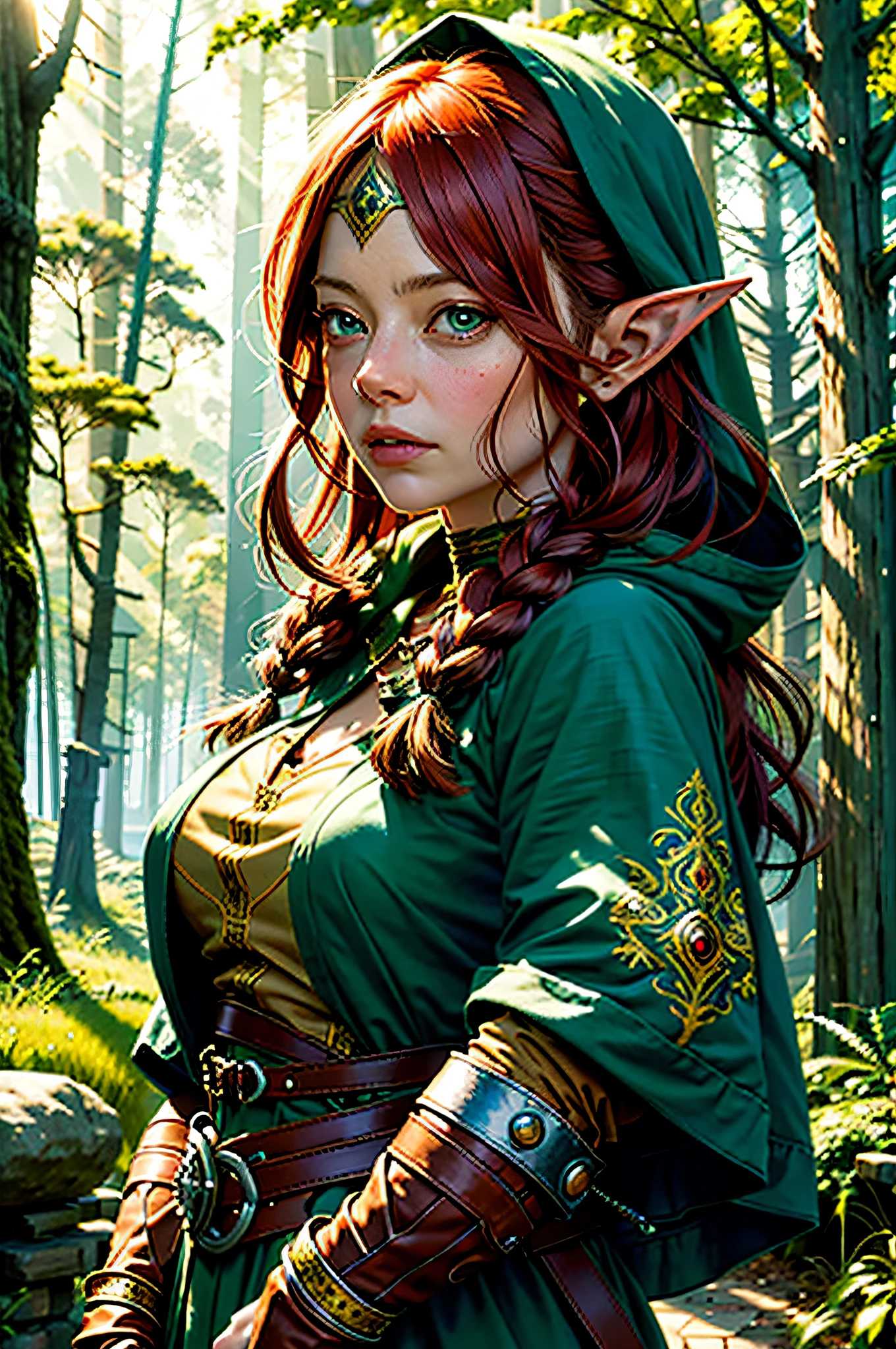 High detail RAW colored art, animation, red hair with braids, hazelnut eyes, white skin, ((Emma Stone as an elf in the redwood forest)), portrait, elf ears, ((cartoon style)), ((lord of the rings) ), (shy), mystical, elegant, gorgeous face, green silk dress with hood, elven forest, (detailed skin, skin texture), elf, magical atmosphere, (muscle), (detailed skin,  skin texture), intricate details, fine details, hyperdetailed, ray tracing, subsurface scattering, diffuse soft lighting, shallow depth of field, by (Oliver Wetter) Atey Ghailan, by Jeremy Mann, Greg Manchess, Antonio Moro, trend at ArtStation, trend at CGSociety, Intricate, High Detail, Sharp focus, dramatic and photorealistic painting art by midjourney and greg rutkowski, bokeh in the background,  bow and arrow, wolves, best quality, masterpiece, close-up portrait, 1girl, elven armor, dark hood over head, outdoors, nature, desert, look at the viewer, modelshoot style, award-winning digital art of an elven woman ranger, fully clothed, in a fantasy village, d&amp;d, masterpiece, best quality, high contrast, soft lighting, backlighting, bloom,  light brightness, chromatic aberration, smooth, sharp focus