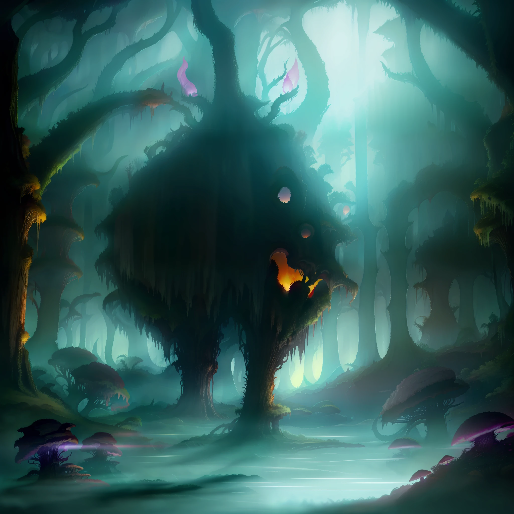 Forest of Fear, dark fantasy, nature, animals, strange beasts, sinister, bizarre flora, fungi, obscured light, fog