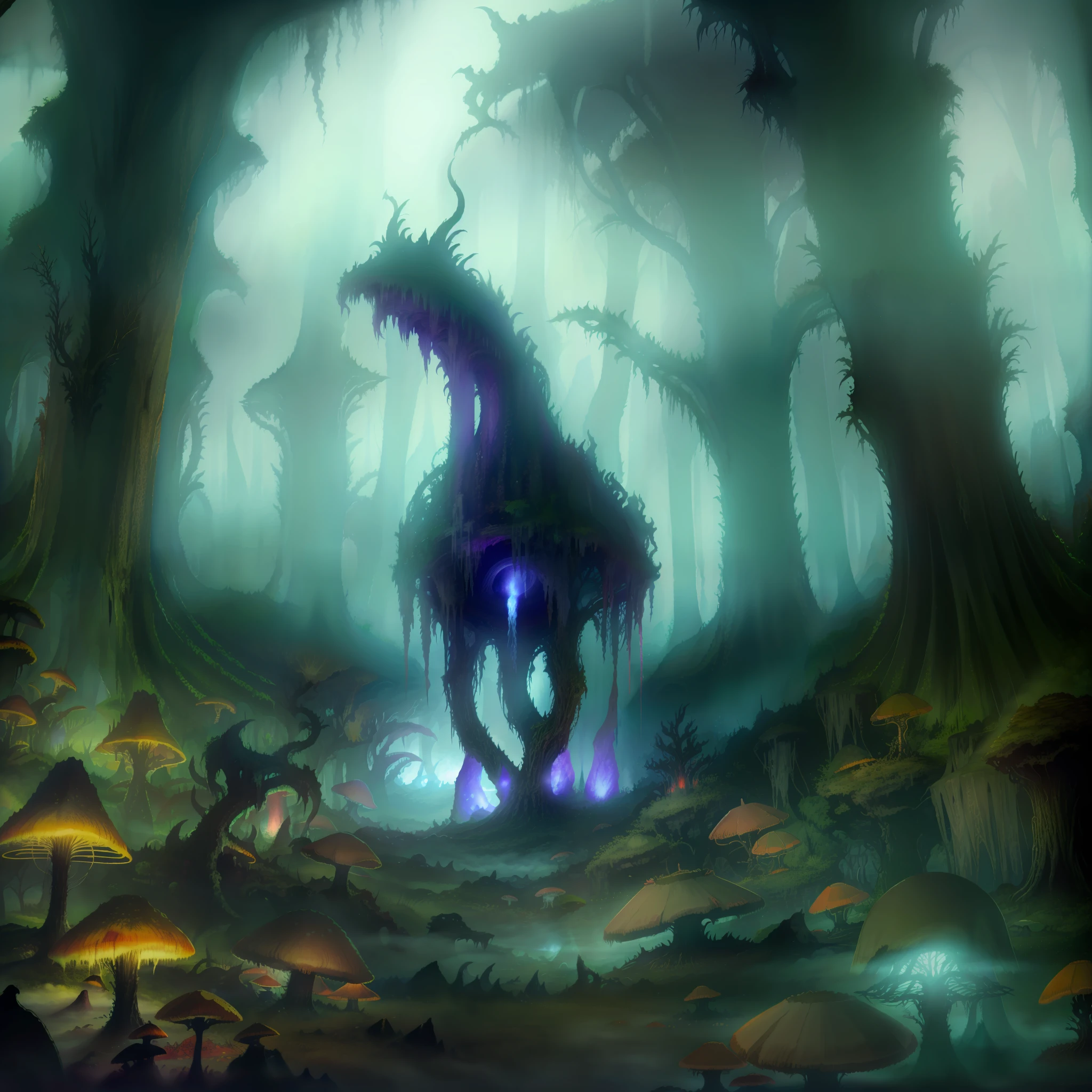 Forest of Fear, dark fantasy, nature, animals, strange beasts, sinister, bizarre flora, fungi, obscured light, fog