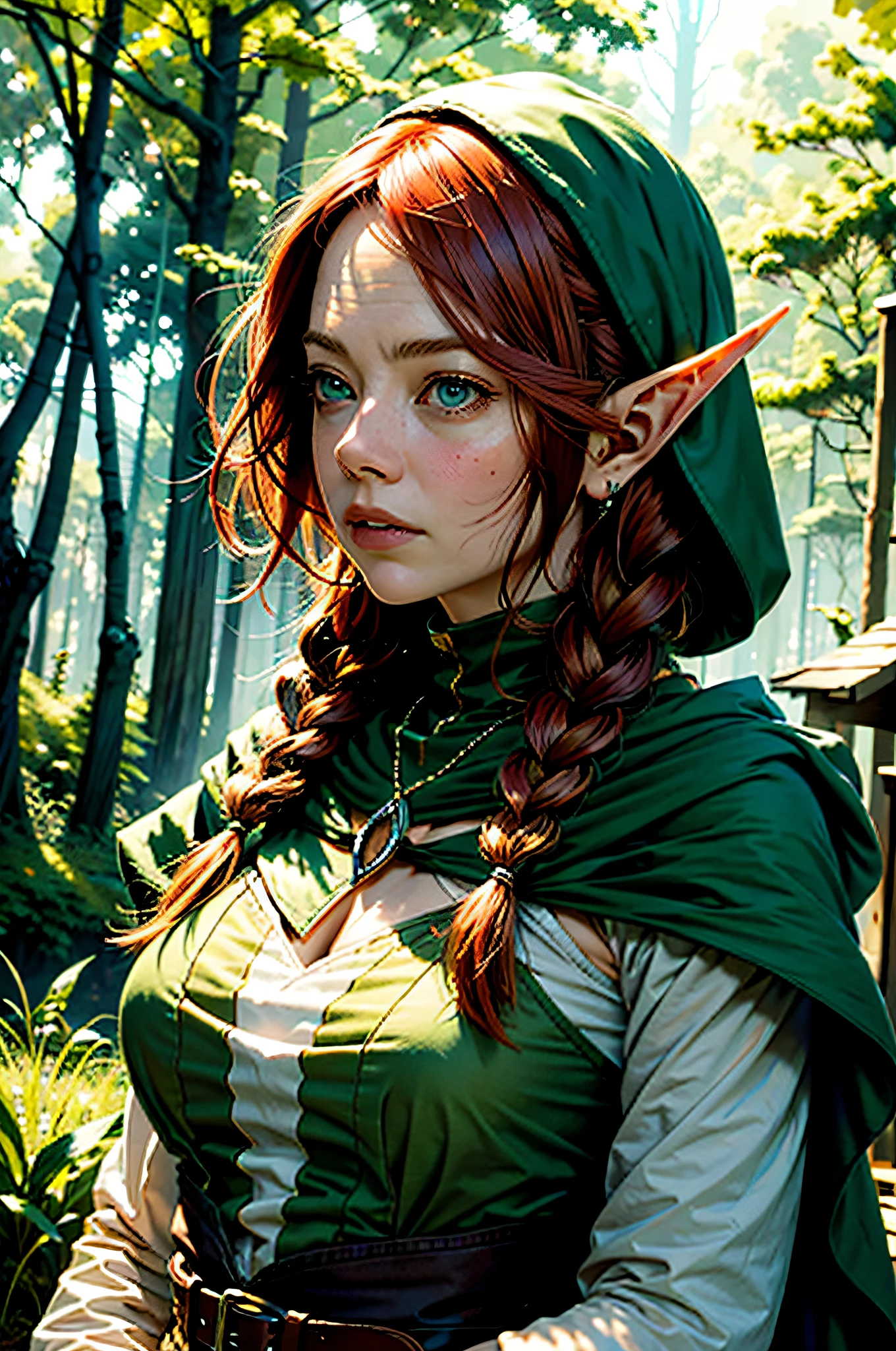 High detail RAW colored art, animation, red hair with braids, hazelnut eyes, white skin, ((Emma Stone as an elf in the redwood forest)), portrait, elf ears, ((cartoon style)), ((lord of the rings) ), (shy), mystical, elegant, gorgeous face, green silk dress with hood, elven forest, (detailed skin, skin texture), elf, magical atmosphere, (muscle), (detailed skin, skin texture), intricate details, fine details, hyperdetailed, ray tracing, subsurface scattering, diffuse soft lighting, shallow depth of field, by (Oliver Wetter) Atey Ghailan, by Jeremy Mann, Greg Manchess, Antonio Moro, trend at ArtStation, trend at CGSociety, Intricate, High Detail, Sharp focus, dramatic and photorealistic painting art by midjourney and greg rutkowski, bokeh in the background, bow and arrow, wolves, best quality, masterpiece, close-up portrait, 1girl, elven armor, dark hood over head, outdoors, nature, desert, look at the viewer, modelshoot style, award-winning digital art of an elven woman ranger, fully clothed, in a fantasy village, d&d, masterpiece, best quality, high contrast, soft lighting, backlighting, bloom, light brightness, chromatic aberration, smooth, sharp focus