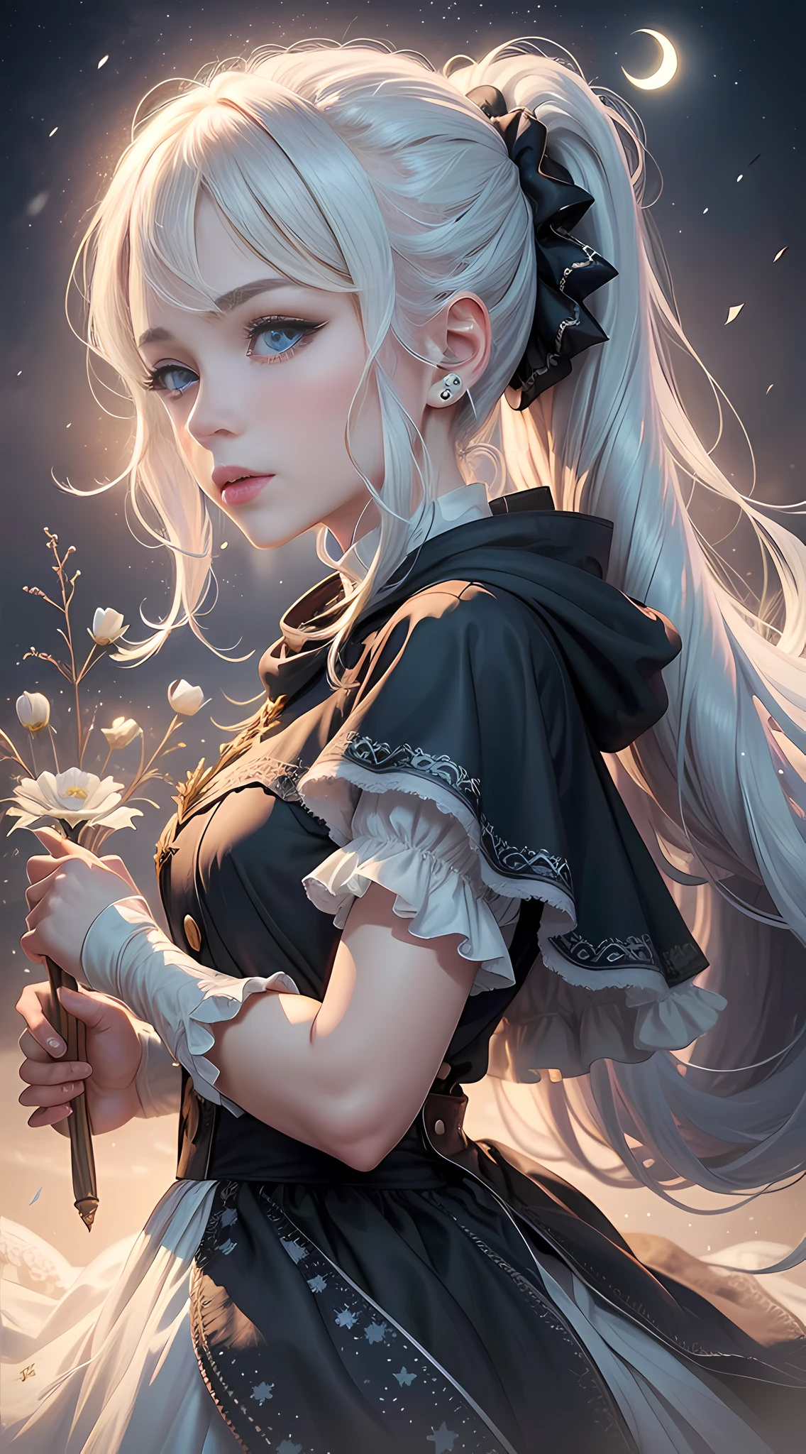 Masterpiece, (Best Quality: 1.2), (Super Fine: 1.2), Illustration, (Extremely Delicate and Beautiful: 1.2), Film Angle, Floating, (Beautiful Detail Eye: 1.1), (Detail Light: 1.1), Film Lights, Delicate Sky, Woman, White Hair, Blue Eyes, (High Ponytail: 1.1), Cloak, Glowing Eyes, (Moon: 1.2), (Moonlight: 1.1), Starry Sky, (Light Particles: 1.1), Fog , snow painting, sketching, blooming