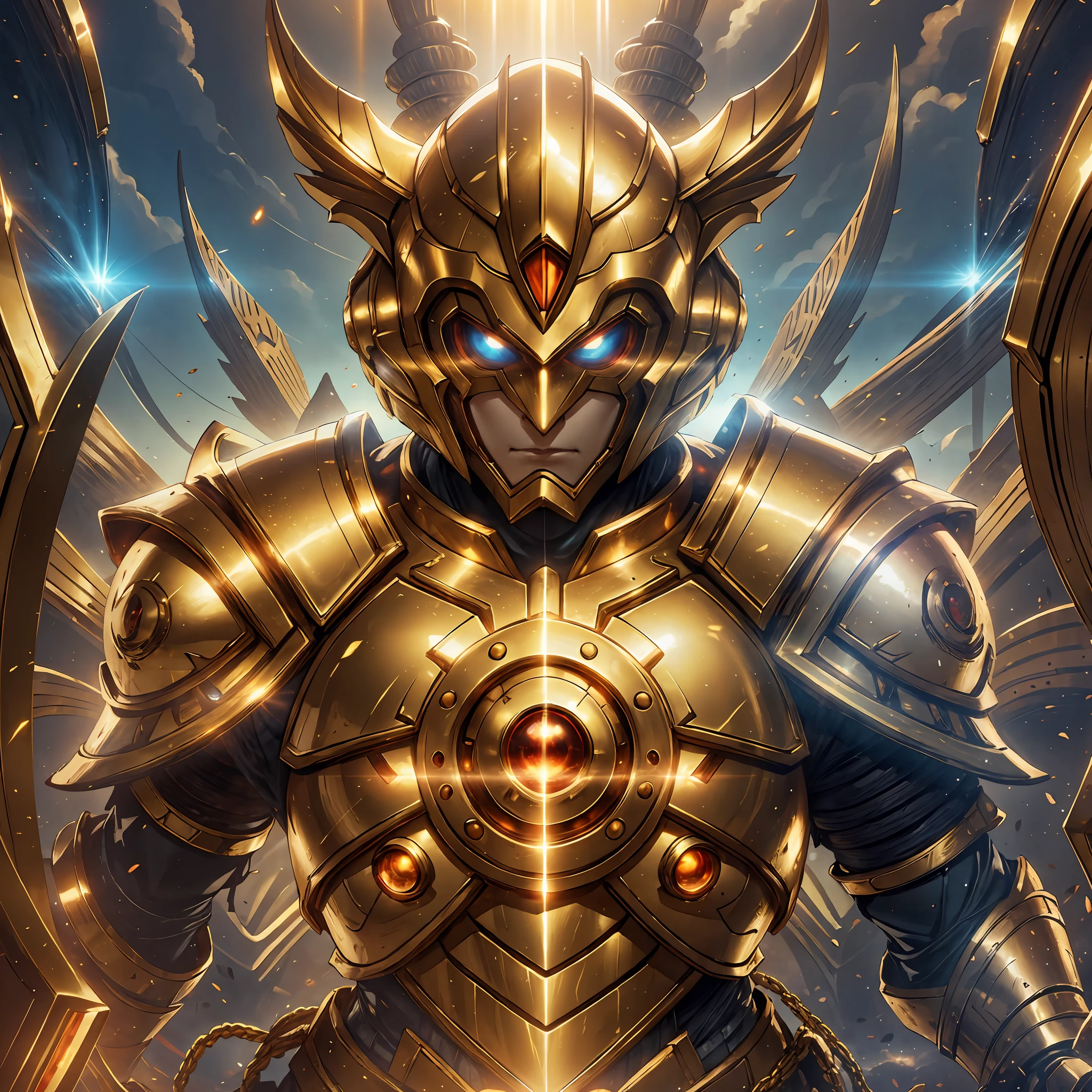 giant in golden armor, red details, best quality, giant head eye with helmet protecting, golden light in the center of armor, vision of surrender, menacing, transcendendal creature --auto --s2