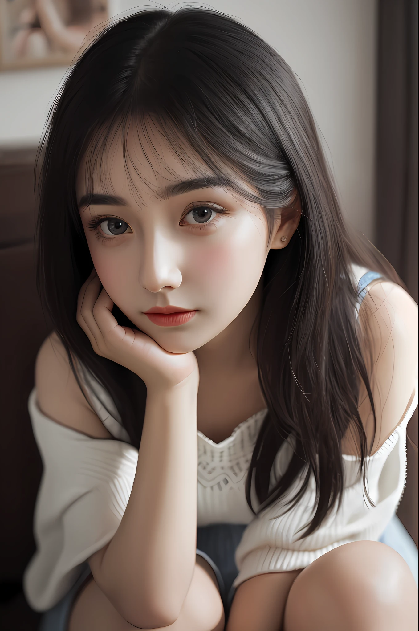 Very detailed eyes, very detailed face, very beautiful woman, best quality, super detailed (photorealistic), very delicate and beautiful legs, beautiful black eyes, absurdity, very detailed expression, professional illustration, shy, late teens or so, sitting