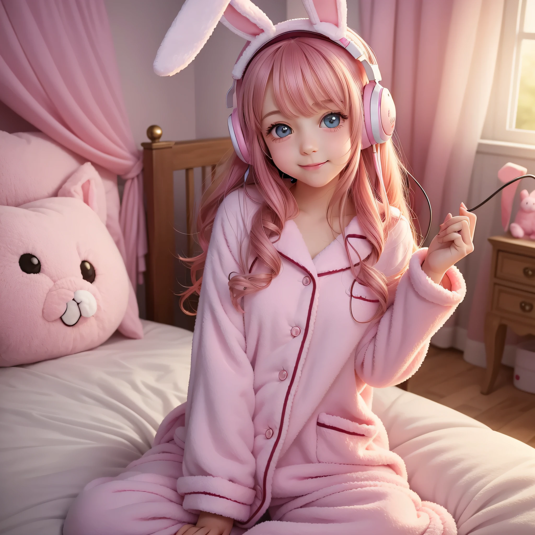 A super cute image captures a girl sitting on her bed, wearing plush pajamas. Her eyes sparkle with joy as she wears a large pink headset shaped like rabbit ears. Every detail is portrayed with realism, from the soft textures of the pajamas to the delicate details of the headset. The scene is like a cozy dream --auto --s2