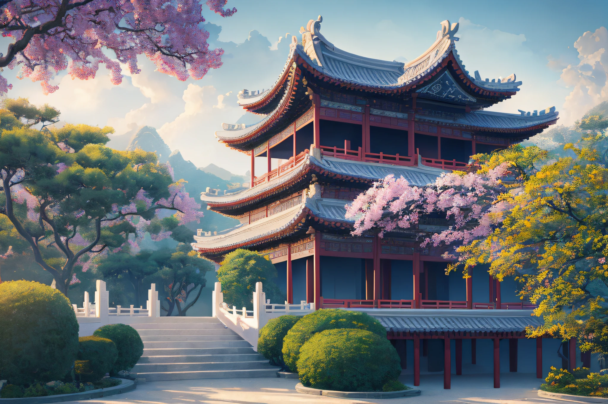 Masterpiece, best quality, high quality, extremely detailed CG unity 8k wallpaper, classical Chinese garden, landscape, close-up, railing, sky, daytime, tree, blue sky, nature, cloudy sky, award winning photography, bokeh, depth of field, HDR, bloom, chromatic aberration, realism, very detailed, trends on artstation, trends on CGsociety, intricate, high detail, dramatic, midjourney art