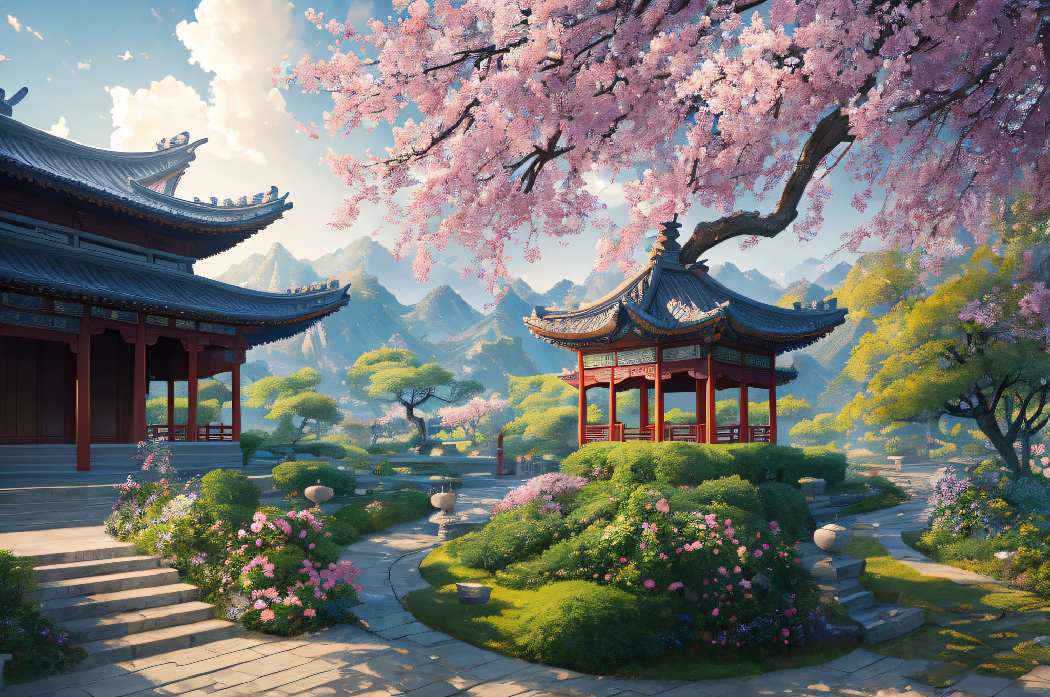 Masterpiece, best quality, high quality, extremely detailed CG unity 8k wallpaper, classical Chinese garden, landscape, close-up, railing, sky, daytime, tree, blue sky, nature, cloudy sky, award winning photography, bokeh, depth of field, HDR, bloom, chromatic aberration, realism, very detailed, trends on artstation, trends on CGsociety, intricate, high detail, dramatic, midjourney art