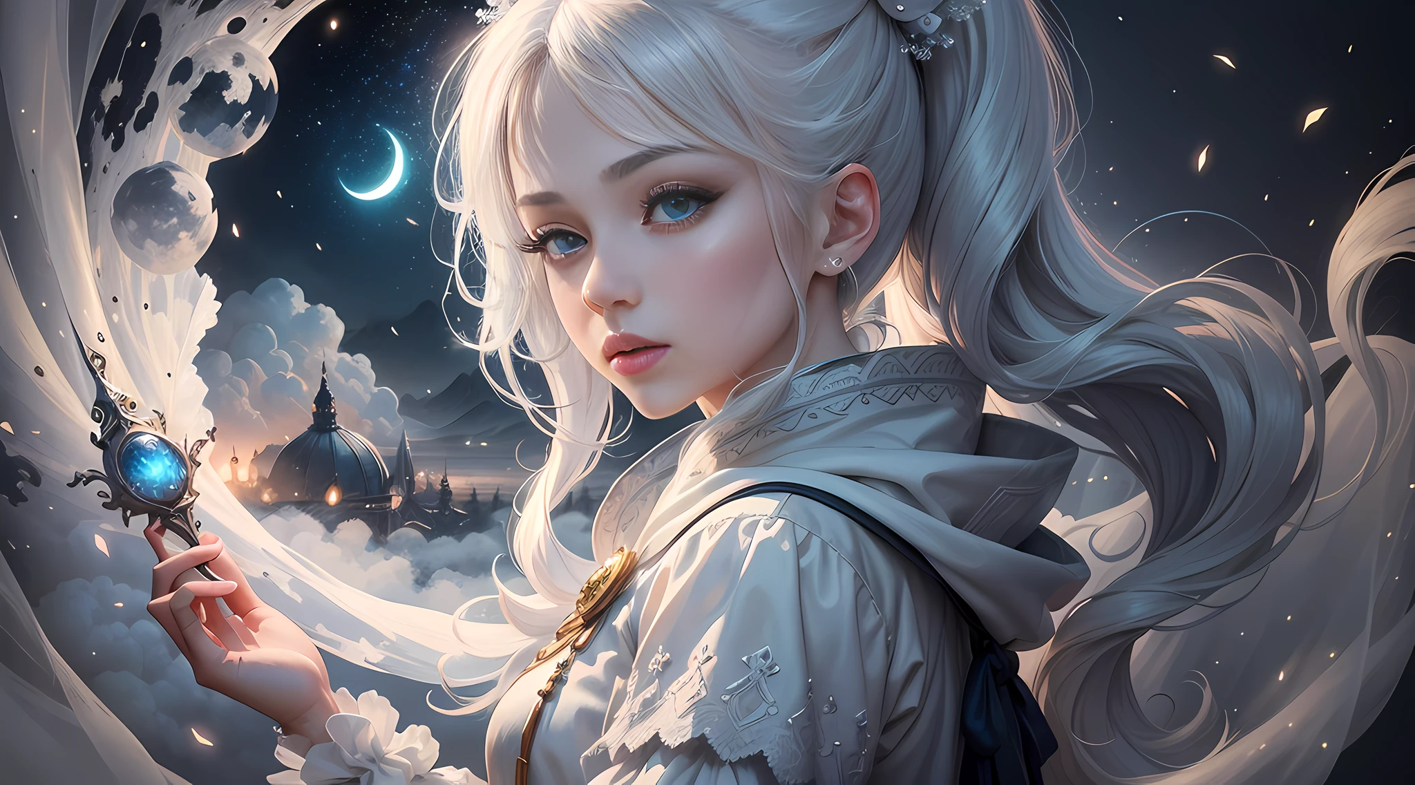 Masterpiece, (Best Quality: 1.2), (Super Fine: 1.2), Illustration, (Extremely Delicate and Beautiful: 1.2), Film Angle, Floating, (Beautiful Detail Eye: 1.1), (Detail Light: 1.1), Film Lights, Delicate Sky, Woman, White Hair, Blue Eyes, (High Ponytail: 1.1), Cloak, Glowing Eyes, (Moon: 1.2), (Moonlight: 1.1), Starry Sky, (Light Particles: 1.1), Fog , snow painting, sketching, blooming