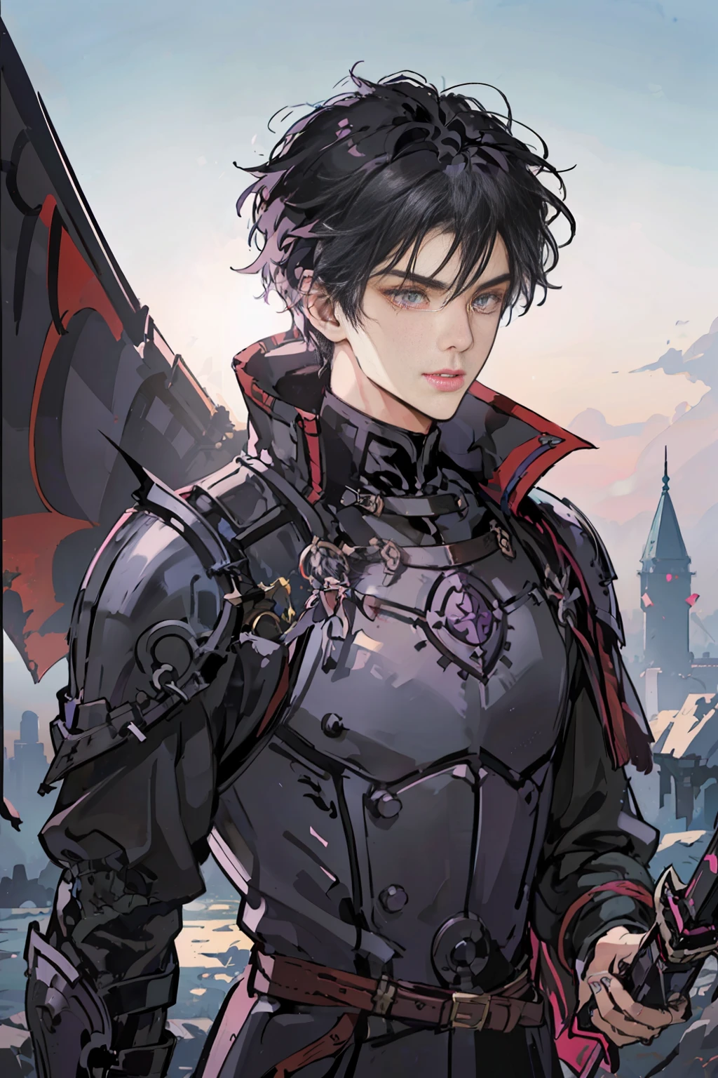 A gorgeous man, age 20, perfect face, black hair, purple eyes, wearing armor, with a sword on his back, 2D, 4k, award-winning digital art, (extremely detailed: 1.5), (soft lighting:1.2) (extremely detailed face), (detailed eyes and face)