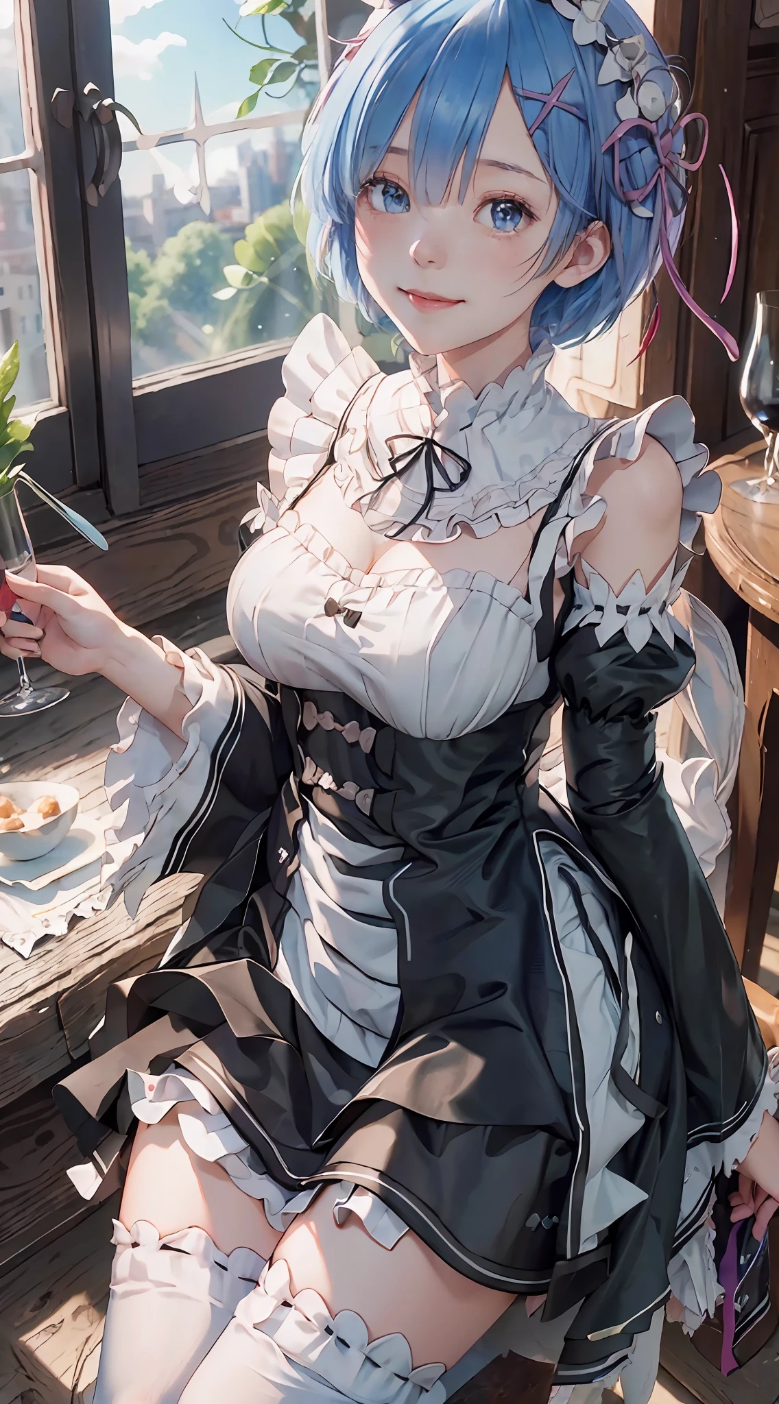 blue hair, short hair, eye covering), (re:zero\), (smile, blush, contempt), (castle), (masterpiece, accurate, best quality, best quality, high resolution, textured skin,)( anime shoujo, beautiful anime high school girl) (skirt, medium breasts, thin legs, white knee-length socks), ((maid outfit)), dignified, anime! 4 K, anime! 4k, loli in dress, high-detail official artwork