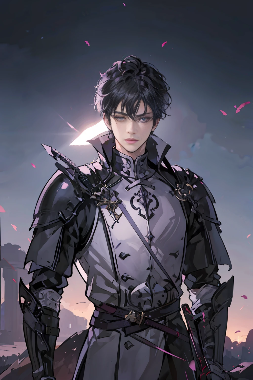 A gorgeous man, age 20, perfect face, black hair, purple eyes, wearing armor, with a sword on his back, 2D, 4k, award-winning digital art, (extremely detailed: 1.5), (soft lighting:1.2) (extremely detailed face), (detailed eyes and face)