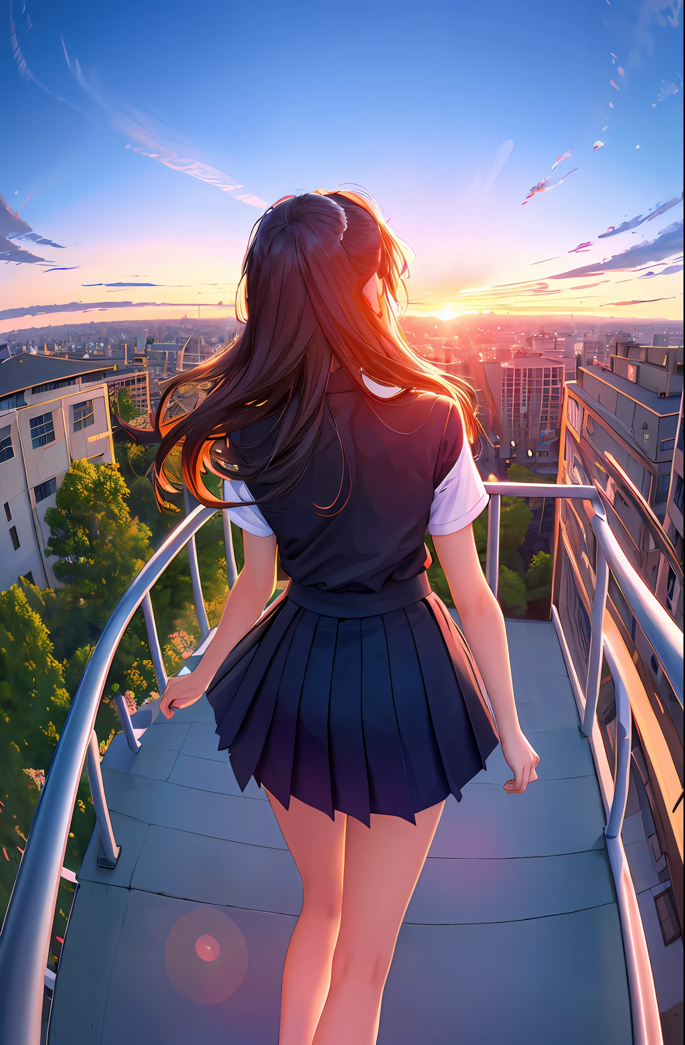 arafed view of a woman in a school uniform standing on a balcony, watching the sun set. anime, beautiful anime high school girl, beautiful anime, ilya kuvshinov with long hair, 4k anime wallpaper, ilya kuvshinov landscape, makoto shinkai cyril rolando, artstyle : ilya kuvshinov, beautiful anime girl