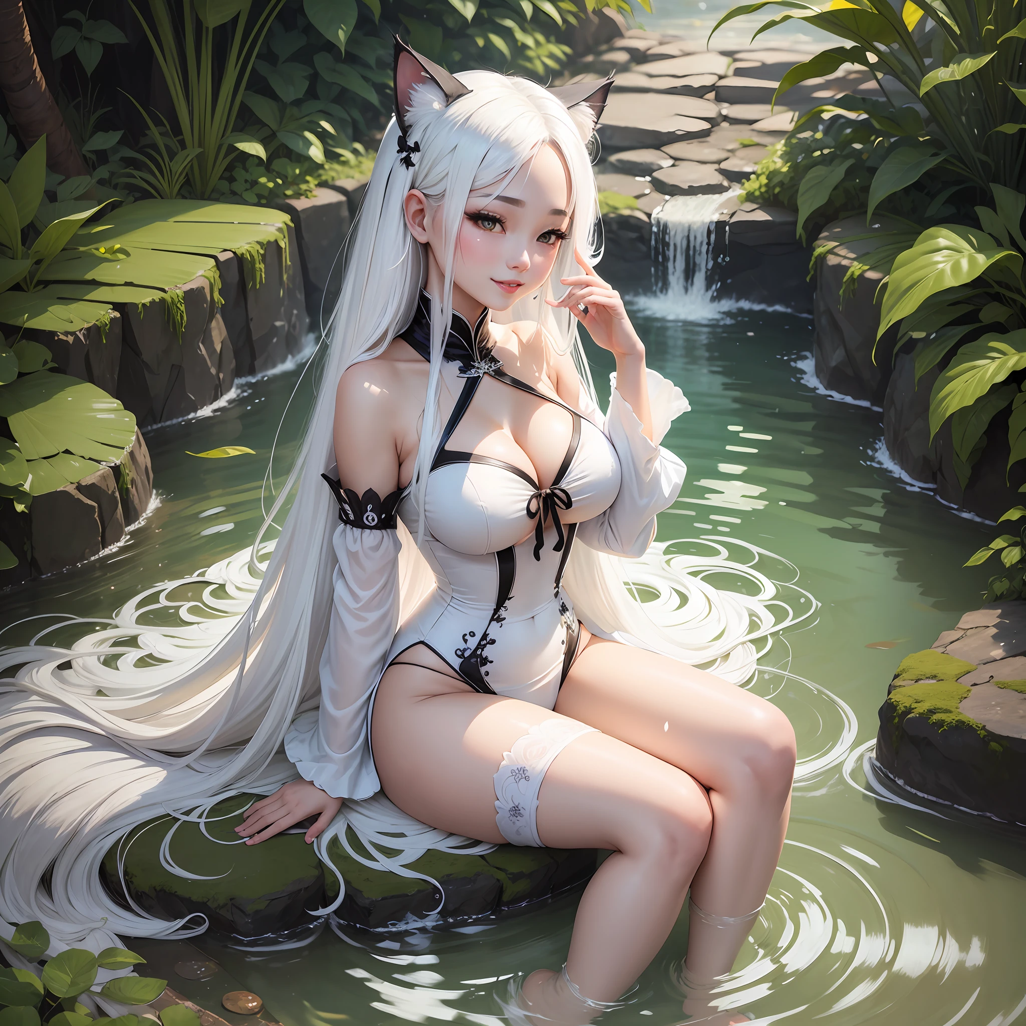 Cat Girl Beauty Big Tits White Liquid Bathing Open Legs Long Hair White Hair Bikini Smile Ao Dai