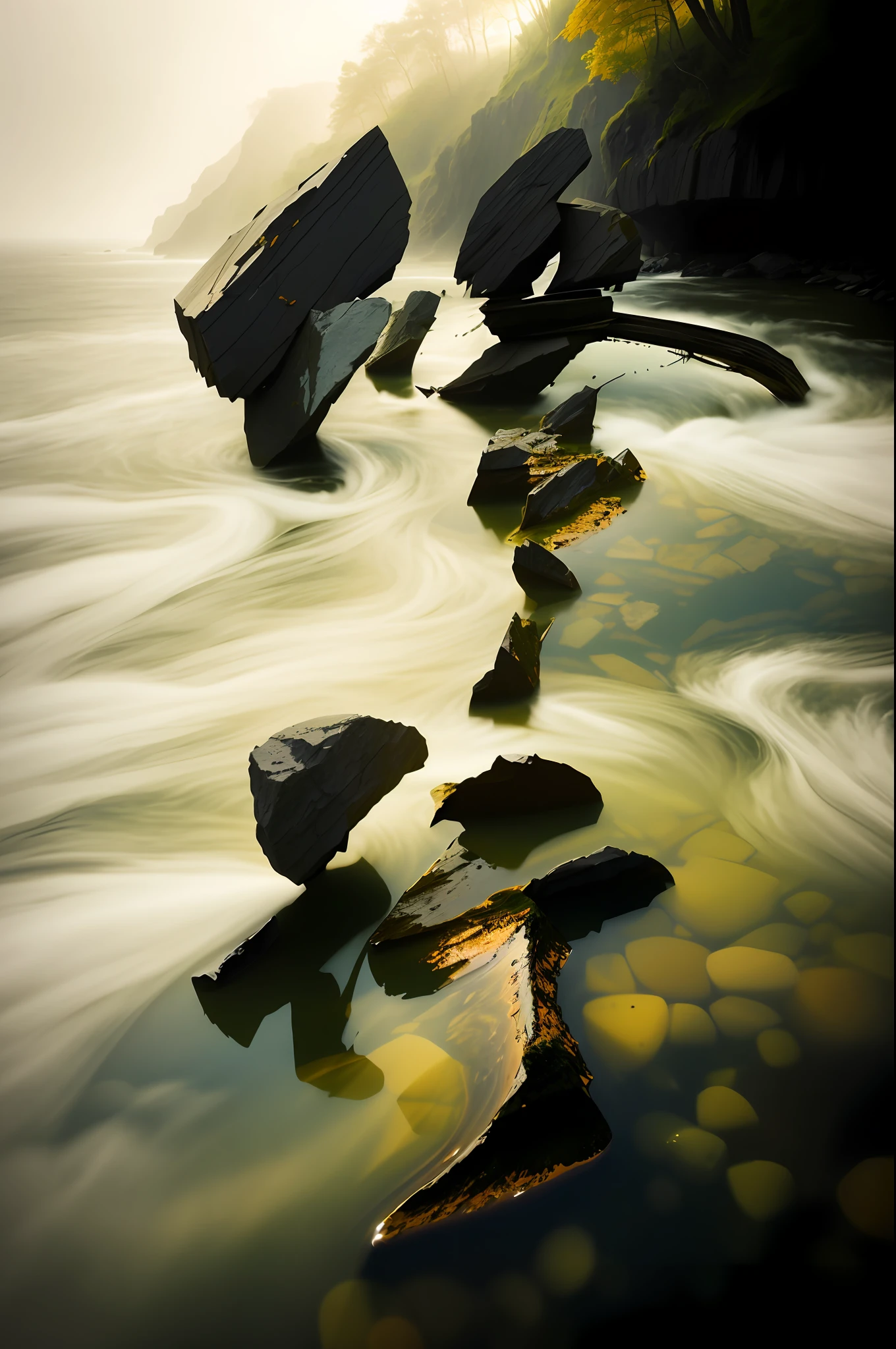 Overlook, stones, streams, water droplets, fog, clouds, (intricate details), HDR, (intricate details, hyperdetailed: 1.2), cinematic lenses, light and shadow, texture, centered