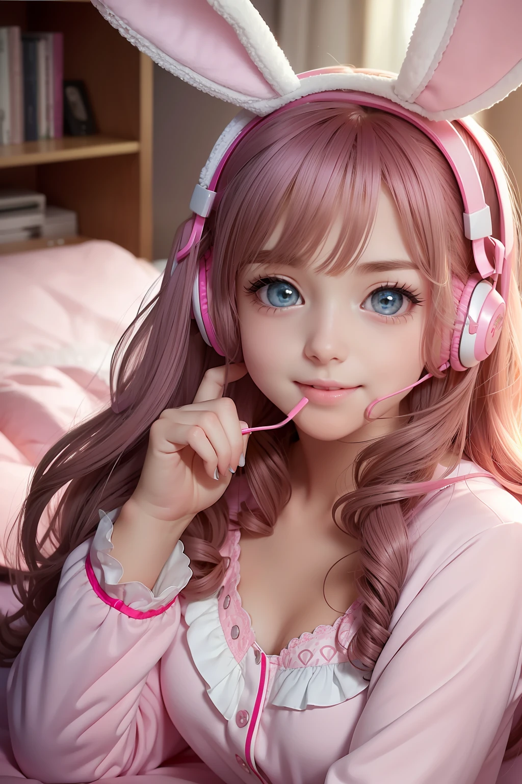 A super cute image captures a girl sitting on her bed, wearing plush pajamas. Her eyes sparkle with joy as she wears a large pink headset shaped like rabbit ears. Every detail is portrayed with realism, from the soft textures of the pajamas to the delicate details of the headset. The scene is like a cozy dream --auto --s2