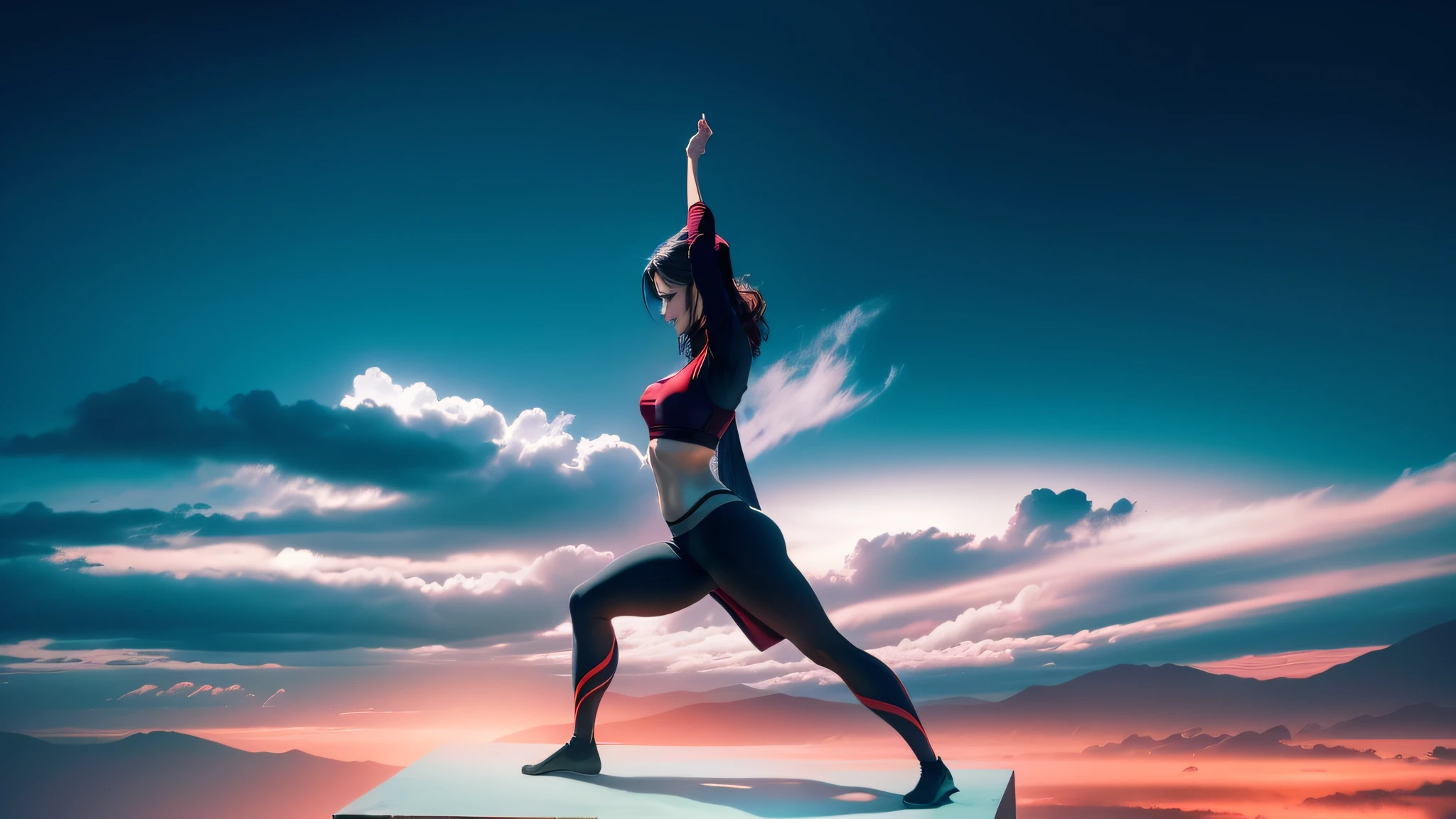 (Elegant red yoga wear + tights with modern feeling: 0.9),(Beautiful face, lines look beautiful:1.2),(Light shadow refinement,Realistic and dynamic scene contrast,Rich natural background),(Bra top only for upper body) --auto --s2