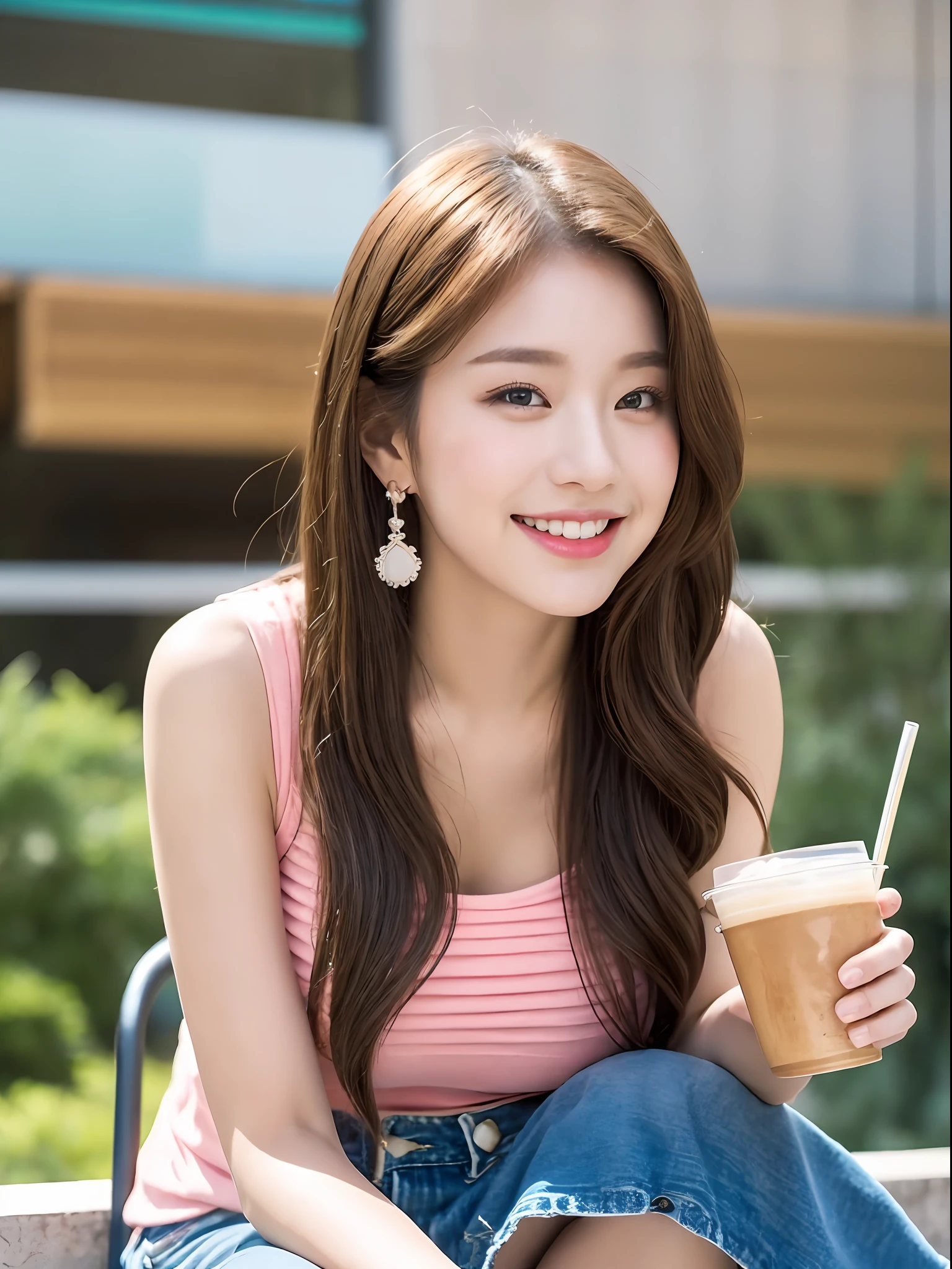 Outdoor, 1 girl, hairpins, earrings, jewelry, brown hair, looking at the audience, lips, playful, sitting in front of the drawing board, drawing, thighs, full body, pink top, strappy denim shorts, holding a coffee cup, with a sweet smile on her face, natural arms, seems to be dancing in harmony with the surroundings. Her breath is full of vitality and vitality, as if her whole body is venting the energy of youth. The whole picture is made more vivid by her presence, making people feel endless joy and vitality.