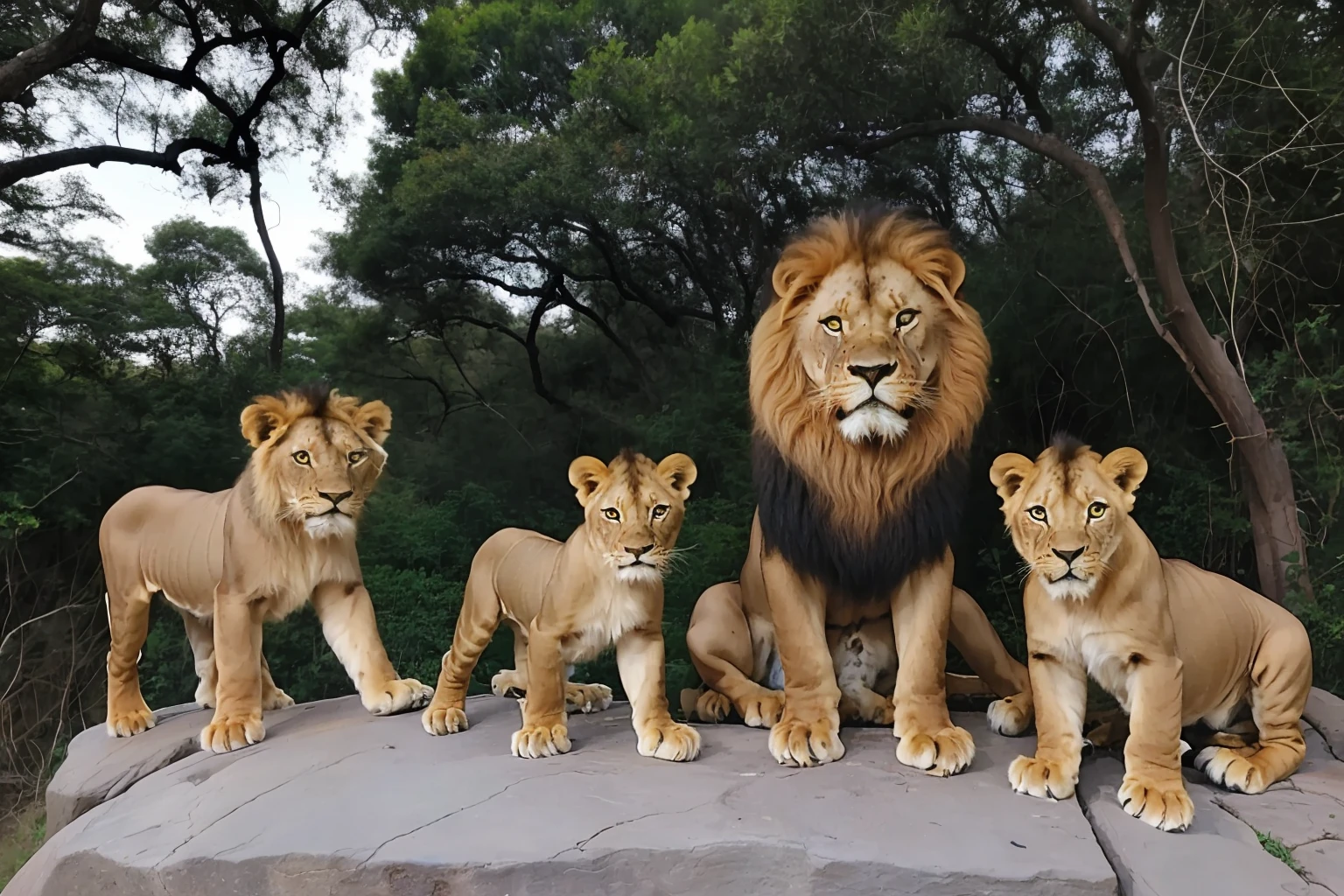 guttonerdvision5, (((a 3-year-old boy))) wearing glasses, detailed and realistic face, one ((family of lions)), male lion, female lioness, (cute cubs). Scene on a rock, realistic, ultra detailed, reddish sky, sunset, real, professional photography, dslr