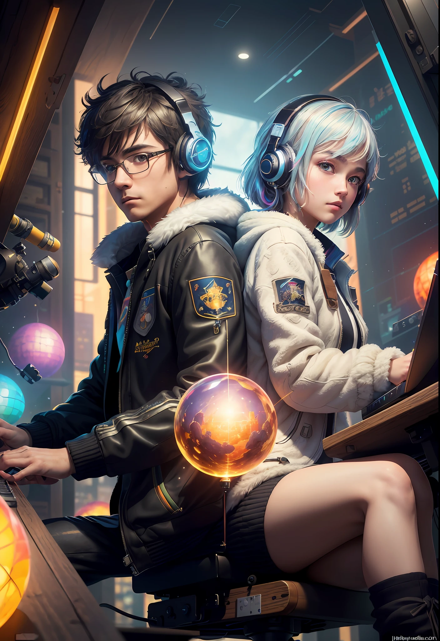 Masterpiece, Best Illustration, Solo, Multiplayer, Handsome Glasses-kun, White-haired Boy, Blonde Girl, Seated, Keyboard \ (Computer \), Fur Decoration, Computer, Monitor, Hood, Jacket, Hood Down (Chair, Headphones, City, Instrument, Cyberpunk, Wooden Toys,\(\(Intricate Details\)\), Color Details, Rainbow Color BREAK, \(\(Best Quality of Masterpiece\)\), 4K, Ultra Detail, Detailed Lighting, \((Inspired by Hayao Miyazaki)\), Official Art, Propaganda art, composition, a giant mirror ball floating in space, twinkling lights, sad lost, particles in the air, intricate fractals, detailed, (illustration), masterpiece, high resolution, best quality. Illuminate people, colorful, master composition, focus on key figures, realism, masterpiece, award-winning, best quality, masterpiece, ultra-detailed, 8K, extremely detailed CG Unity 8k wallpaper, complex, highly detailed, realistic