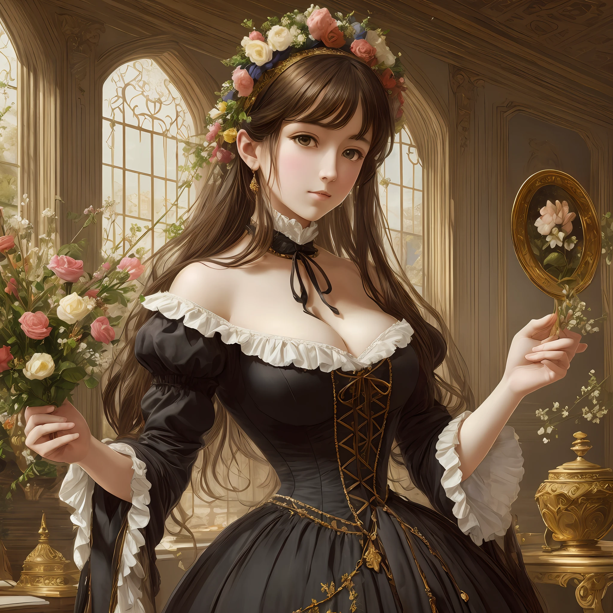 (Pure Color: 0.9), (Color: 1.1), (Masterpiece: 1,2), Best Quality, Masterpiece, High Resolution, Original, Highly Detailed Wallpaper, Beauty, Victorian, Dress, Sad, Big Breasts, Sepia Color, Oil Painting, 30 years old --auto --s2
