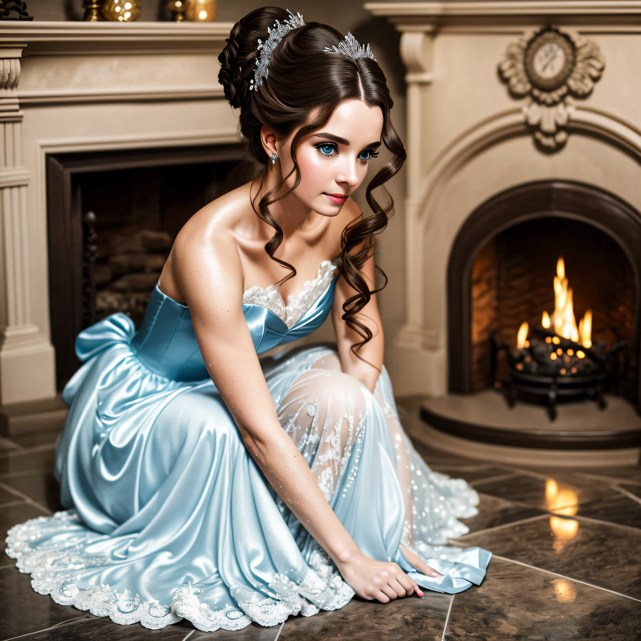 Cinderella, dressed still in her sparkling blue satin ballgown, kneels on the stone floor by the fireplace, scrubbing the caked-on dirt and grime with a brush. Her once-gleaming glass slippers are now scuffed and dirt-stained, but she hasn't bothered to take them off, her focus solely on the task at hand. Her hair, once styled in an elegant updo, has come undone, and strands of brown hair fall haphazardly around her flushed cheeks.
She still wears her long, white satin gloves, now stained with soot and grime. Her face is smudged with soot and dirt, but her eyes still sparkle with the memory of the magical evening. Her movements are slow and deliberate, as if she is lost in thought, her mind still reeling from the events of the night. She continues to scrub the floor, a small smile playing at the corners of her lips. --auto --s2