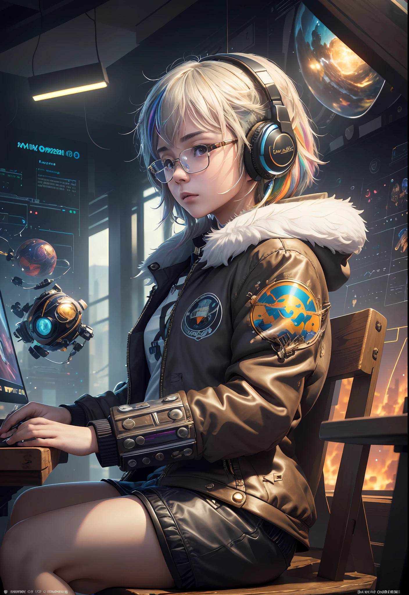 Masterpiece, Best Illustration, Solo, Multiplayer, Handsome Glasses-kun, White-haired Boy, Blonde Girl, Seated, Keyboard \ (Computer \), Fur Decoration, Computer, Monitor, Hood, Jacket, Hood Down (Chair, Headphones, City, Instrument, Cyberpunk, Wooden Toys,\(\(Intricate Details\)\), Color Details, Rainbow Color BREAK, \(\(Best Quality of Masterpiece\)\), 4K, Ultra Detail, Detailed Lighting, \((Inspired by Hayao Miyazaki)\), Official Art, Propaganda art, composition, a giant mirror ball floating in space, twinkling lights, sad lost, particles in the air, intricate fractals, detailed, (illustration), masterpiece, high resolution, best quality. Illuminate people, colorful, master composition, focus on key figures, realism, masterpiece, award-winning, best quality, masterpiece, ultra-detailed, 8K, extremely detailed CG Unity 8k wallpaper, complex, highly detailed, realistic