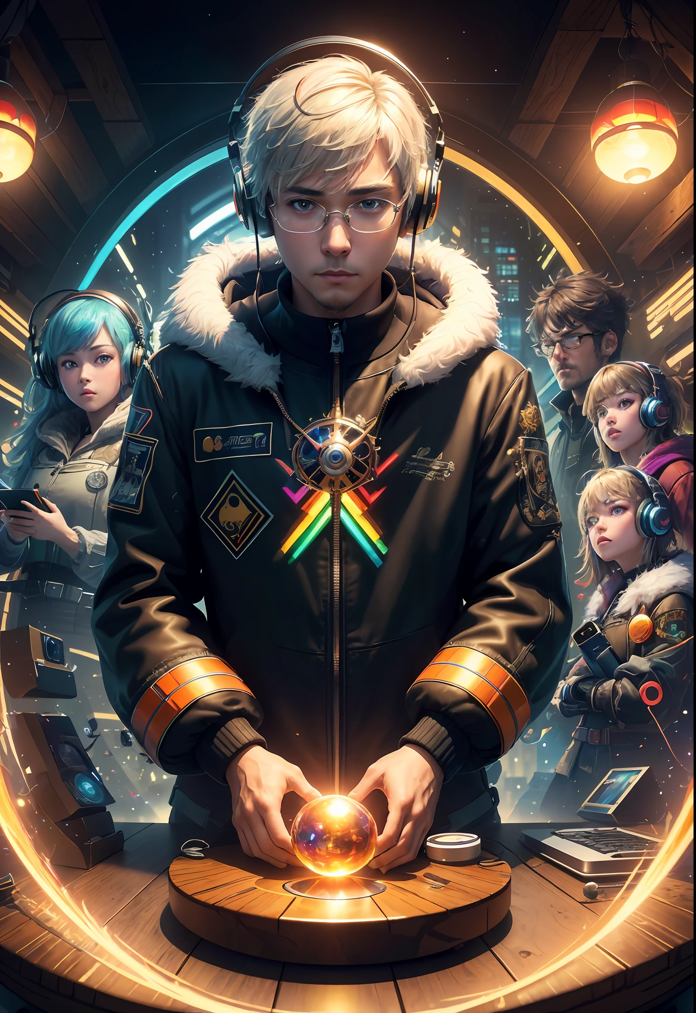 Masterpiece, Best Illustration, Solo, Multiplayer, Handsome Glasses-kun, White-haired Boy, Blonde Girl, Seated, Keyboard \ (Computer \), Fur Decoration, Computer, Monitor, Hood, Jacket, Hood Down (Chair, Headphones, City, Instrument, Cyberpunk, Wooden Toys,\(\(Intricate Details\)\), Color Details, Rainbow Color BREAK, \(\(Best Quality of Masterpiece\)\), 4K, Ultra Detail, Detailed Lighting, \((Inspired by Hayao Miyazaki)\), Official Art, Propaganda art, composition, a giant mirror ball floating in space, twinkling lights, sad lost, particles in the air, intricate fractals, detailed, (illustration), masterpiece, high resolution, best quality. Illuminate people, colorful, master composition, focus on key figures, realism, masterpiece, award-winning, best quality, masterpiece, ultra-detailed, 8K, extremely detailed CG Unity 8k wallpaper, complex, highly detailed, realistic